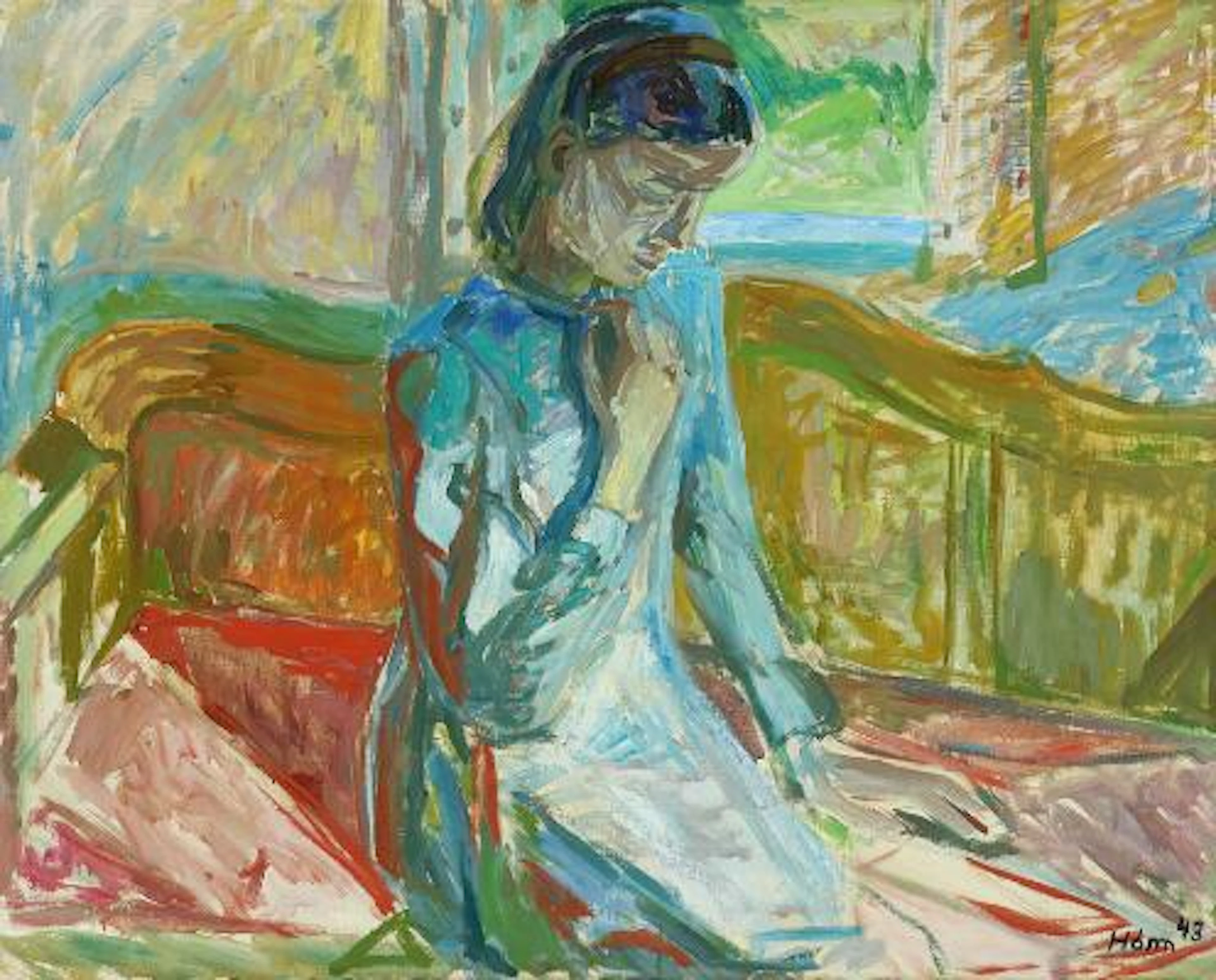 Paul Høm: Girl in an interior. Signed Høm 43. Oil on canvas. 80 x