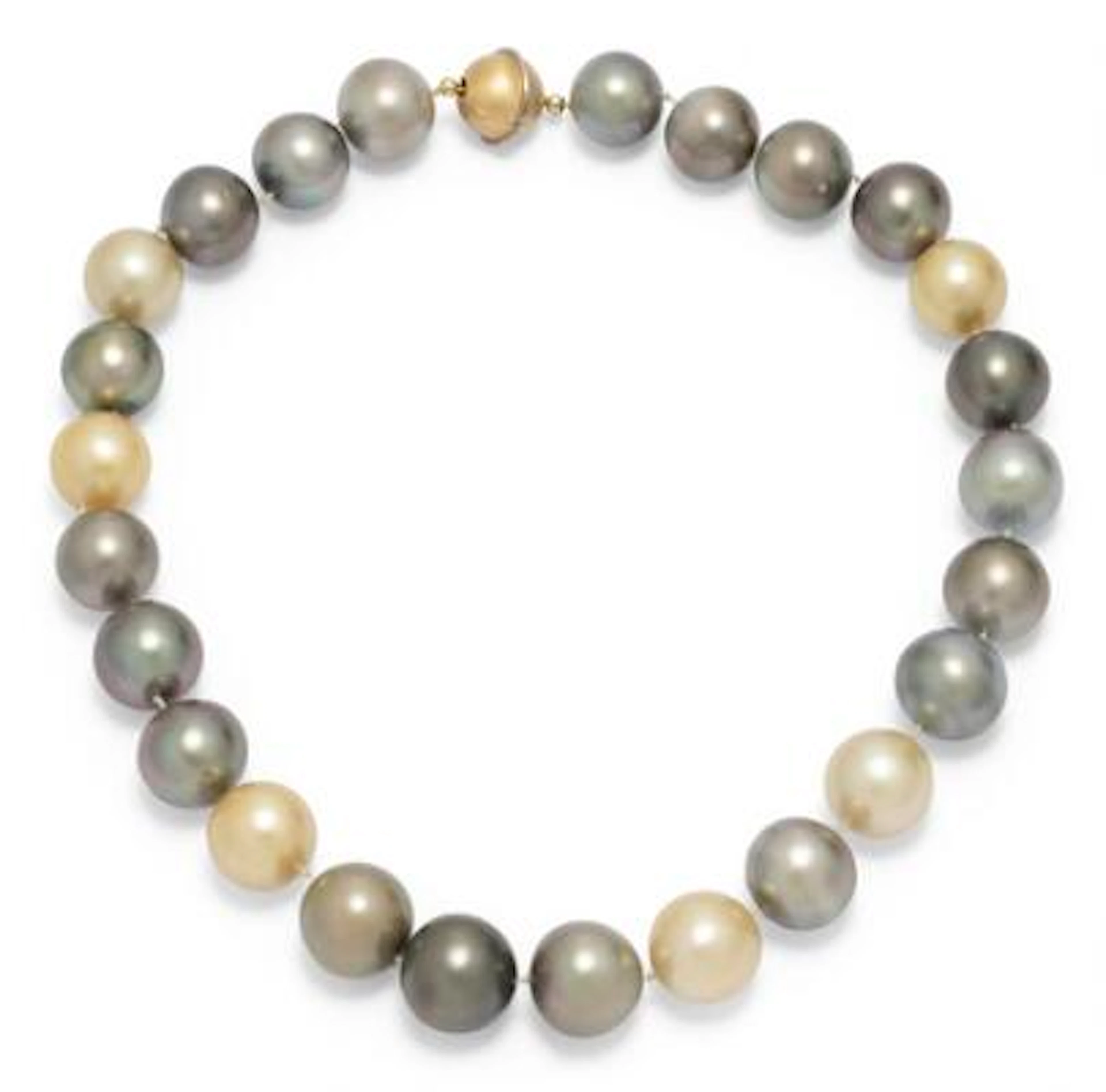 A pearl necklace set with numerous South Sea and Tahiti cultured pearls.