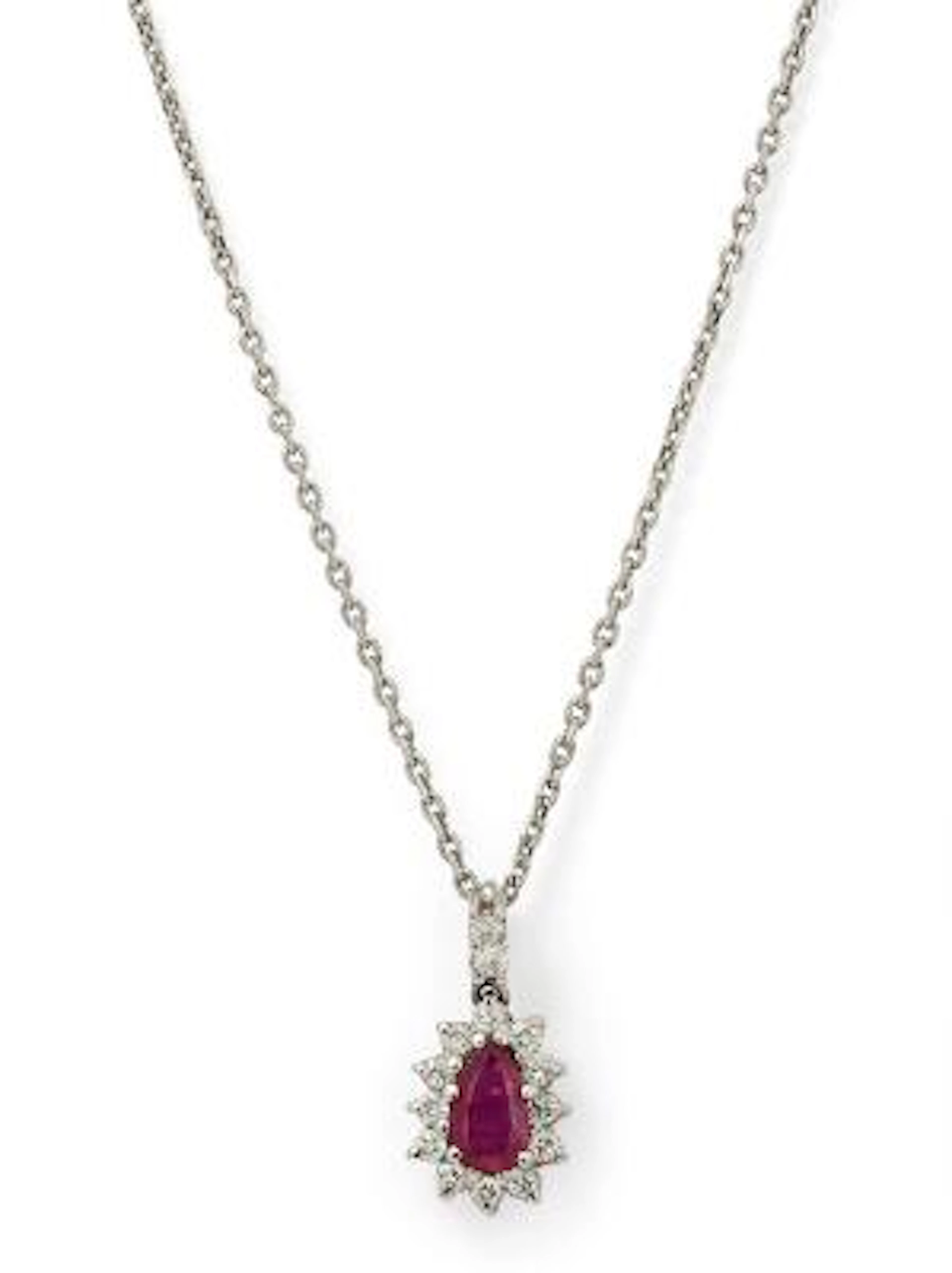A ruby and diamond necklace set with a ruby and numerous diamonds