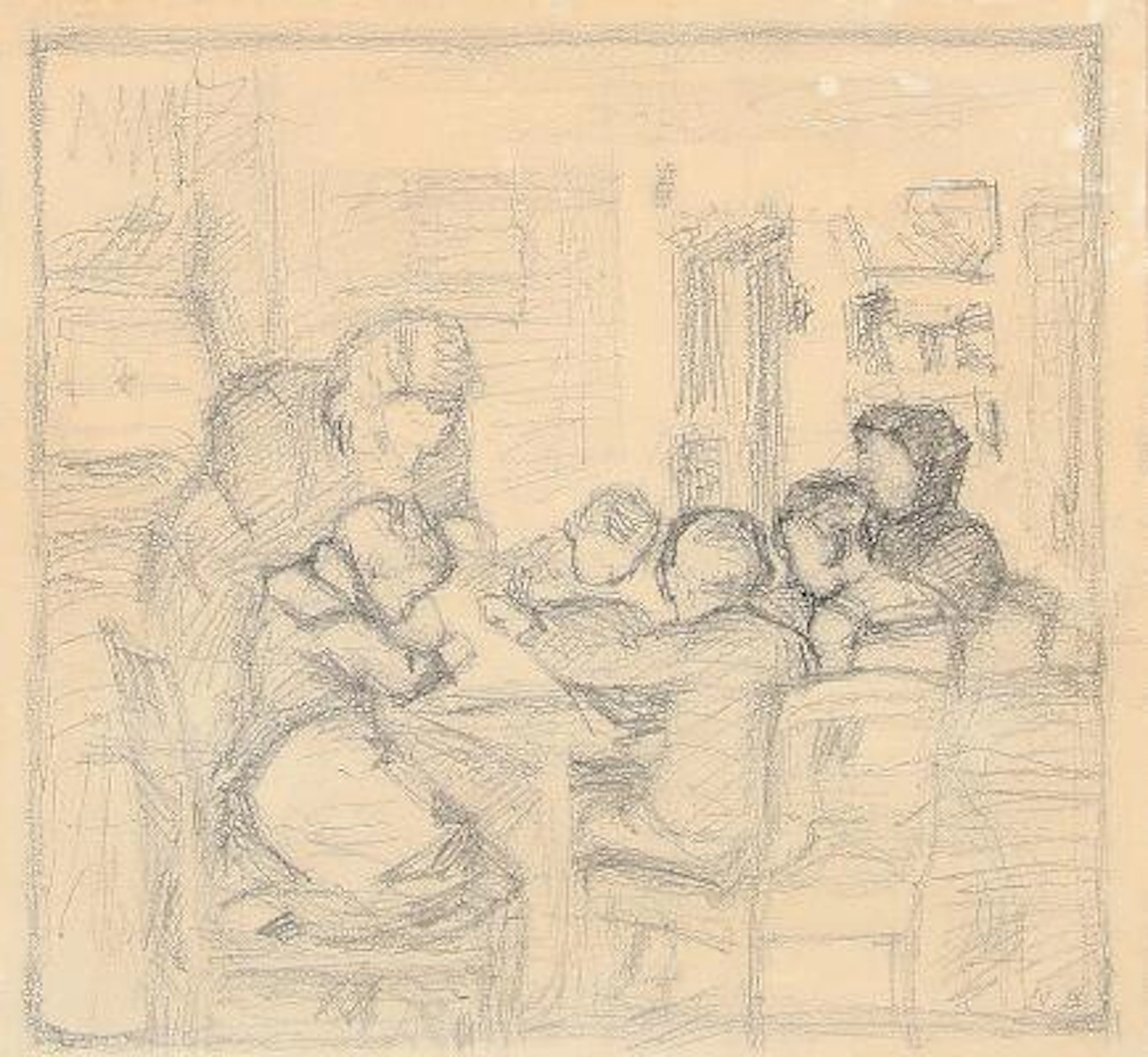 Niels Bjerre: Children and a woman around the table. Signed NB. Pen