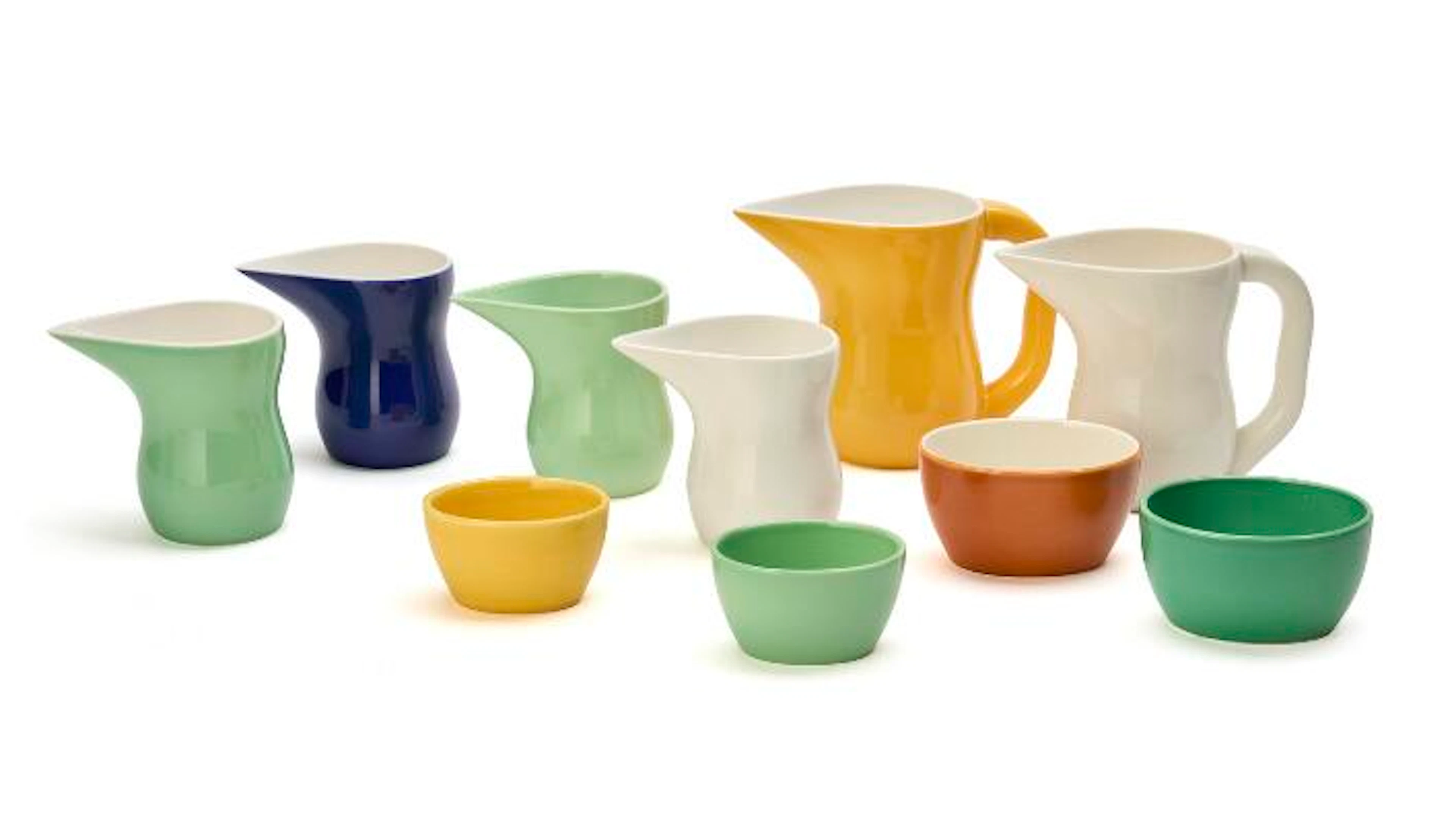 Ursula Munch-Petersen: "Ursula". Six faience jugs and four smaller