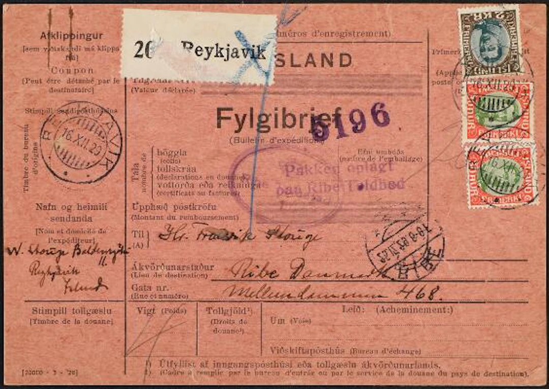 1920. Chr.X, 30 aur, red/green (2) and 2 kr. brown/blue. Totally 2,60