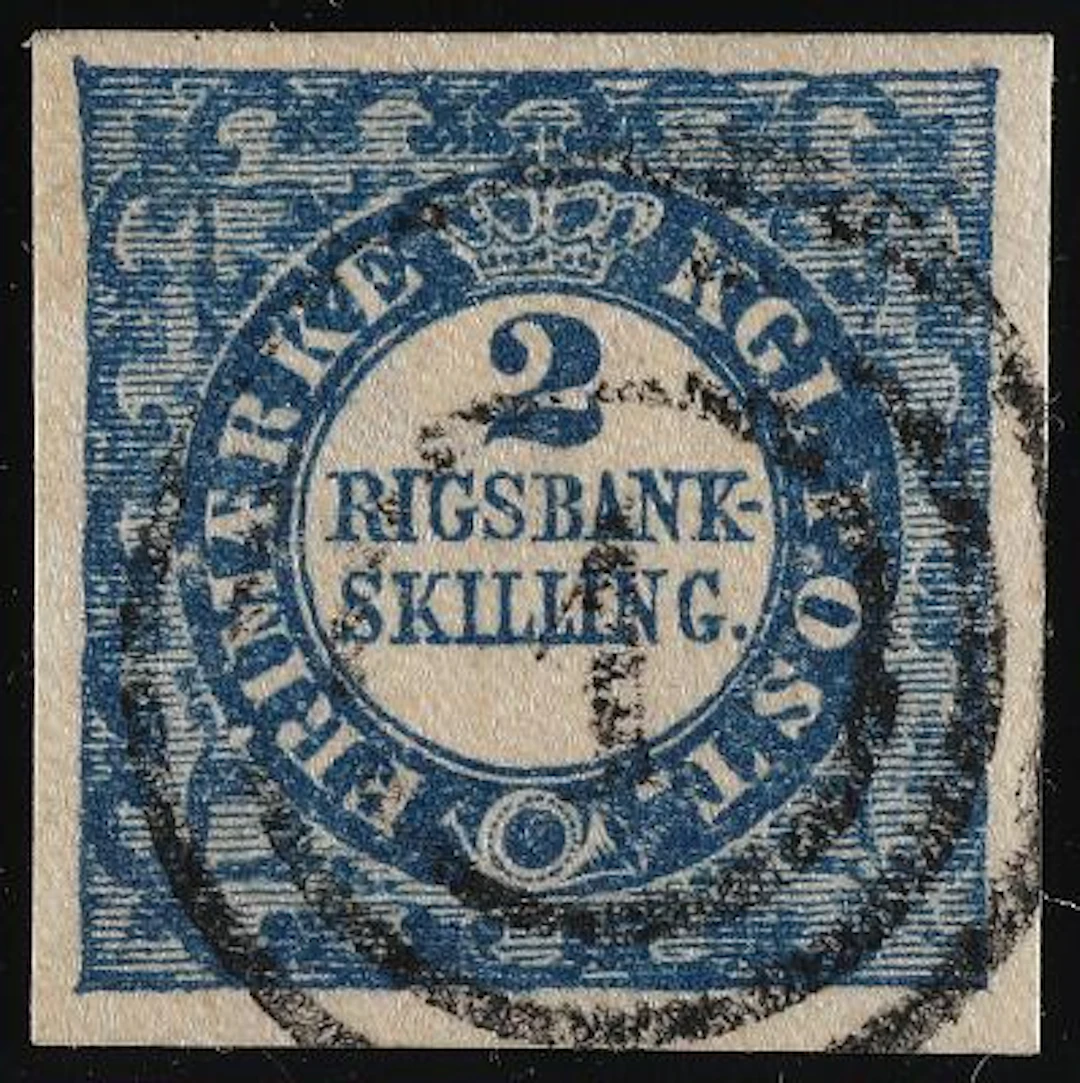 1852. 2 Rigsbankskilling, blue. Thiele. Plate II, no. 39. Type 7.