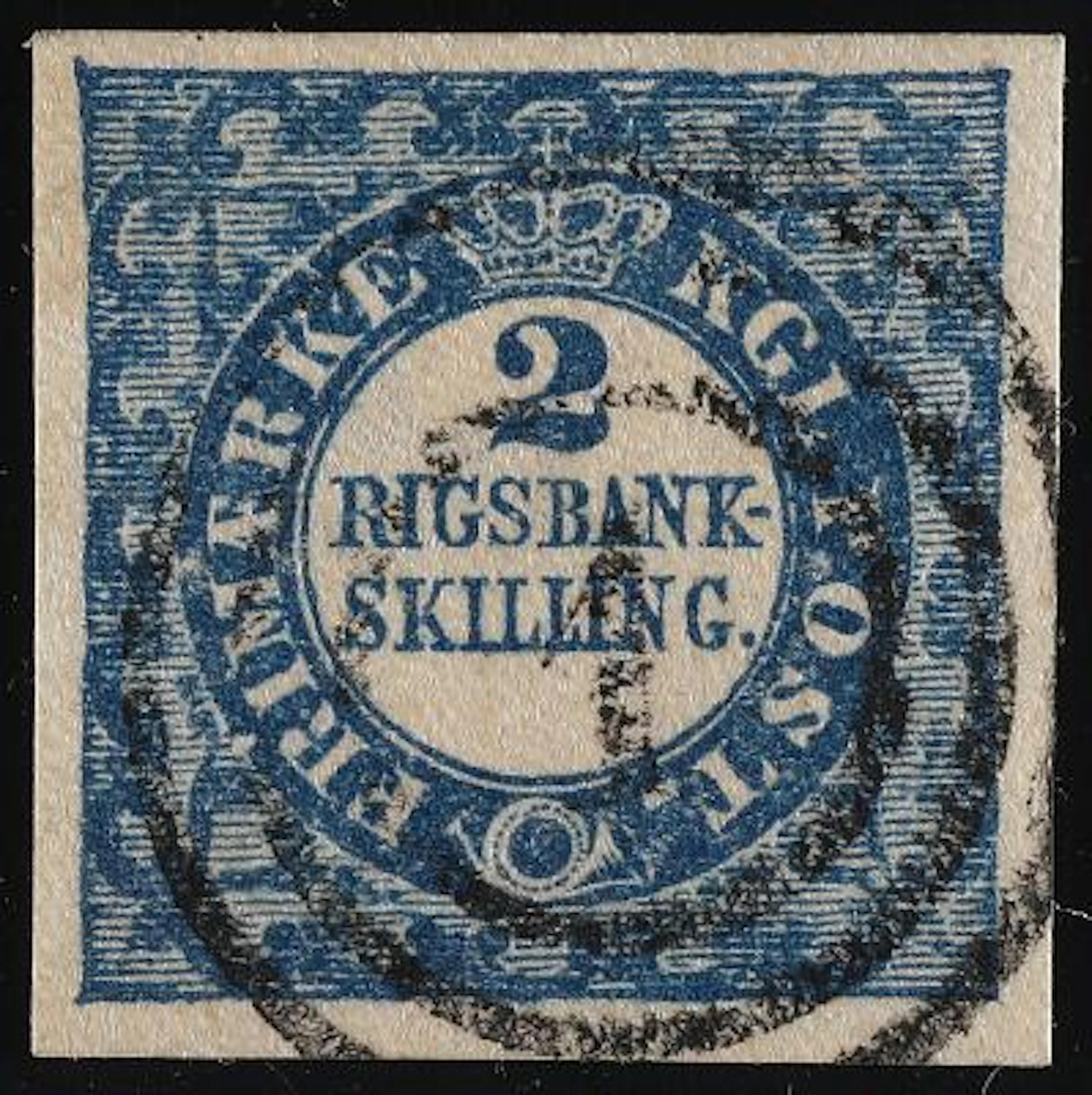1852. 2 Rigsbankskilling, blue. Thiele. Plate II, no. 39. Type 7.