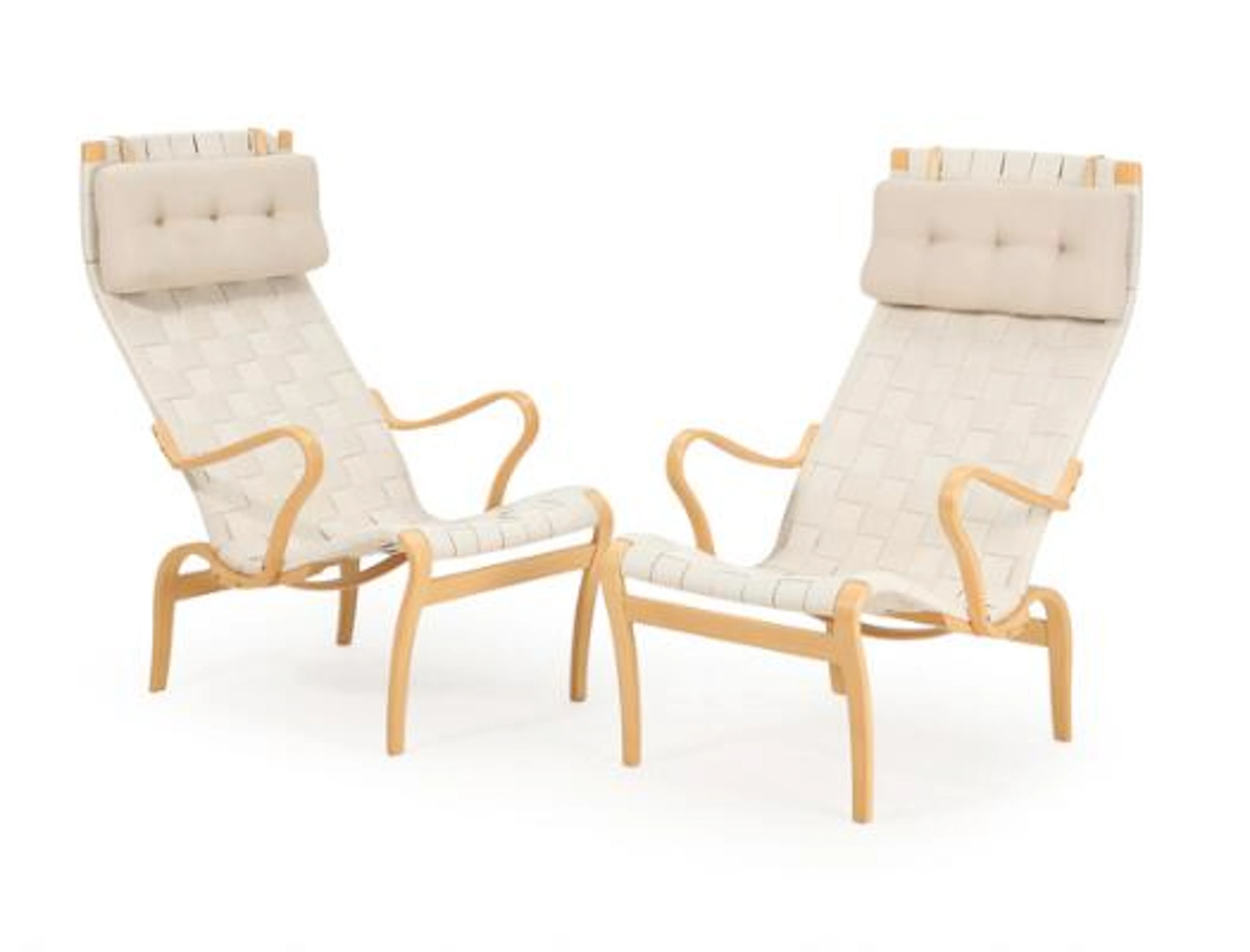 Bruno Mathsson: "Miranda". A pair of beech easy chairs, suspended