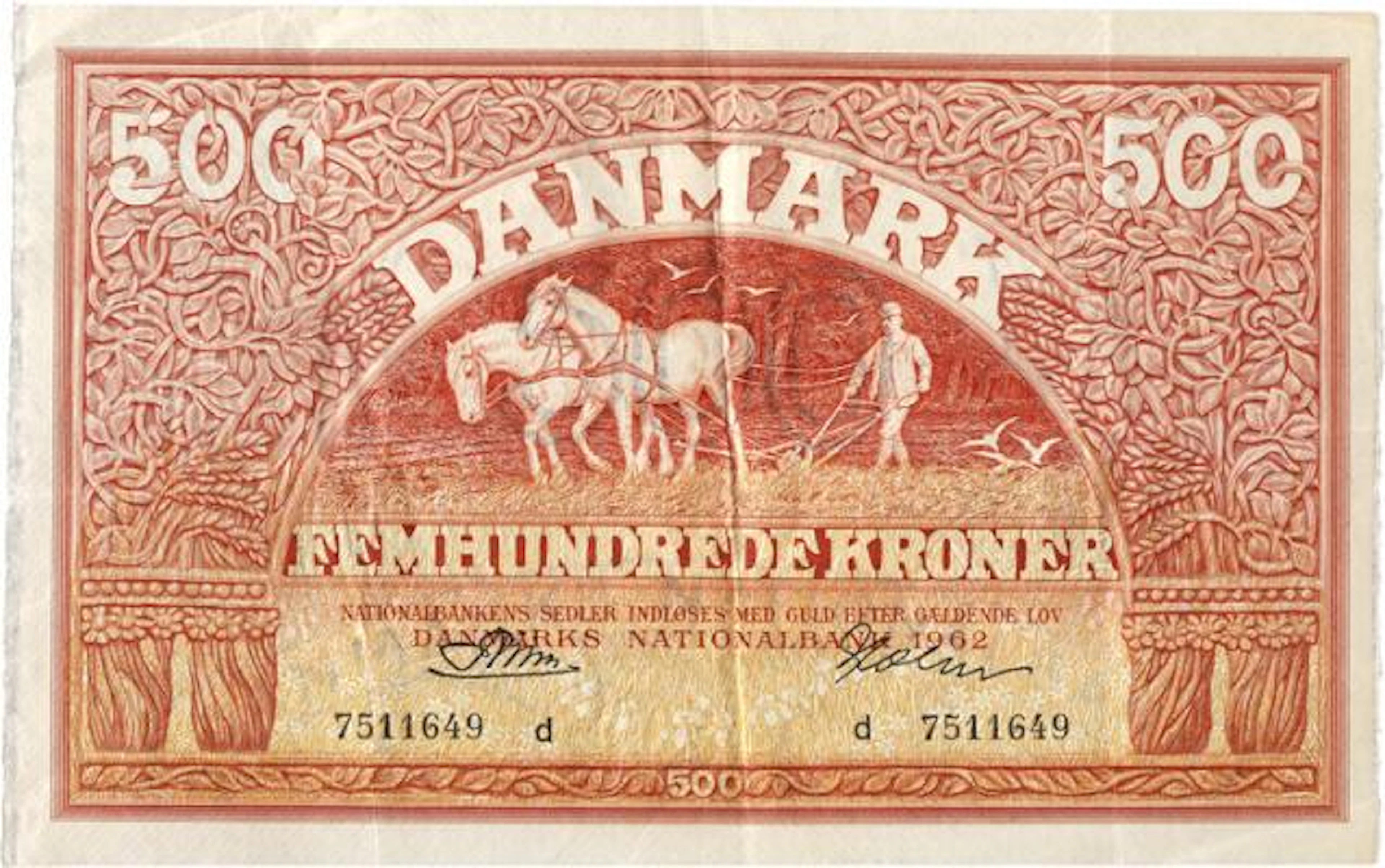 500 kr 1962 d, no. 7511649, Riim / Holm, Sieg 127, Pick 41 – Bruun