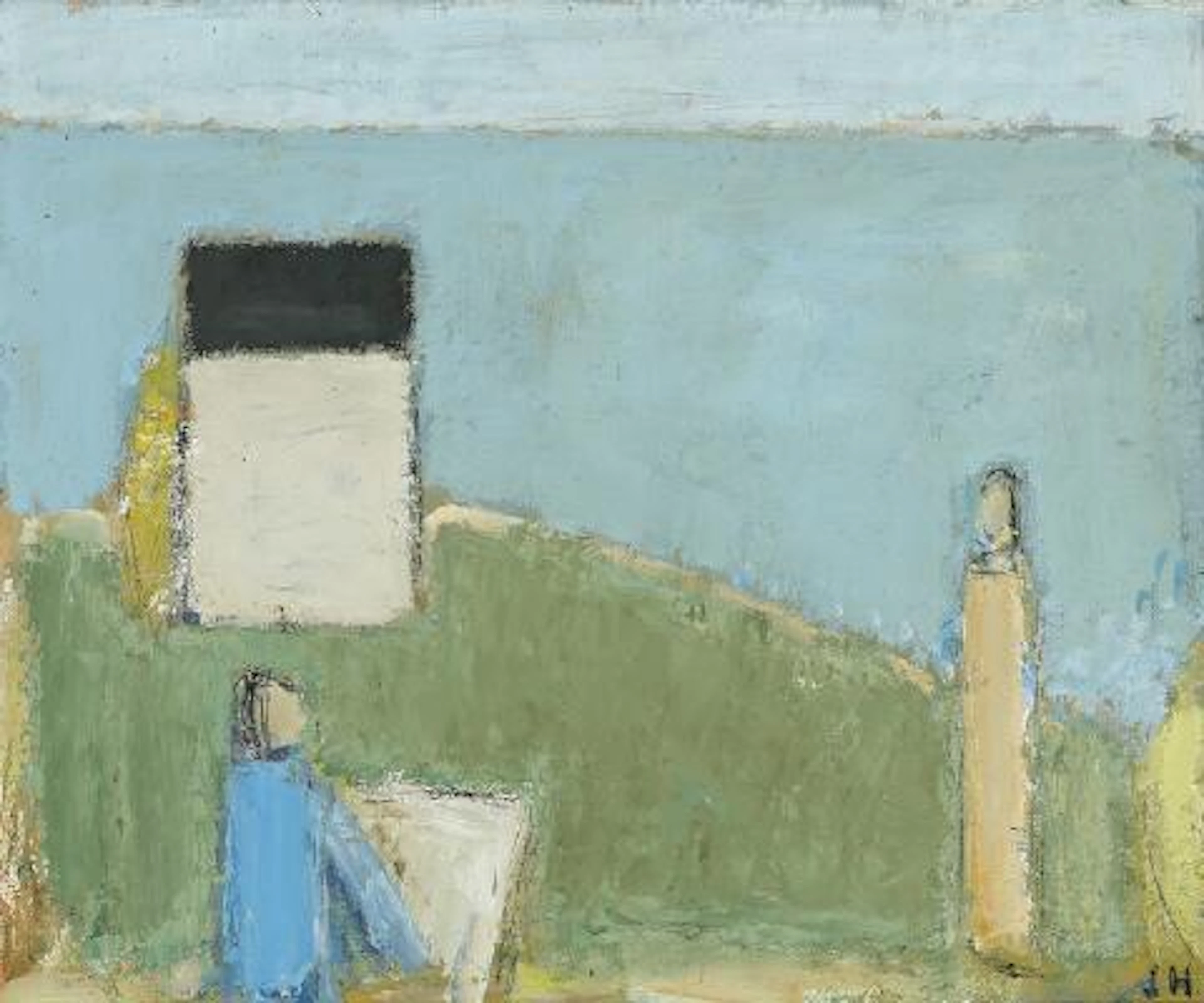 Johannes Hofmeister: Landscape with house and two figures. Signed