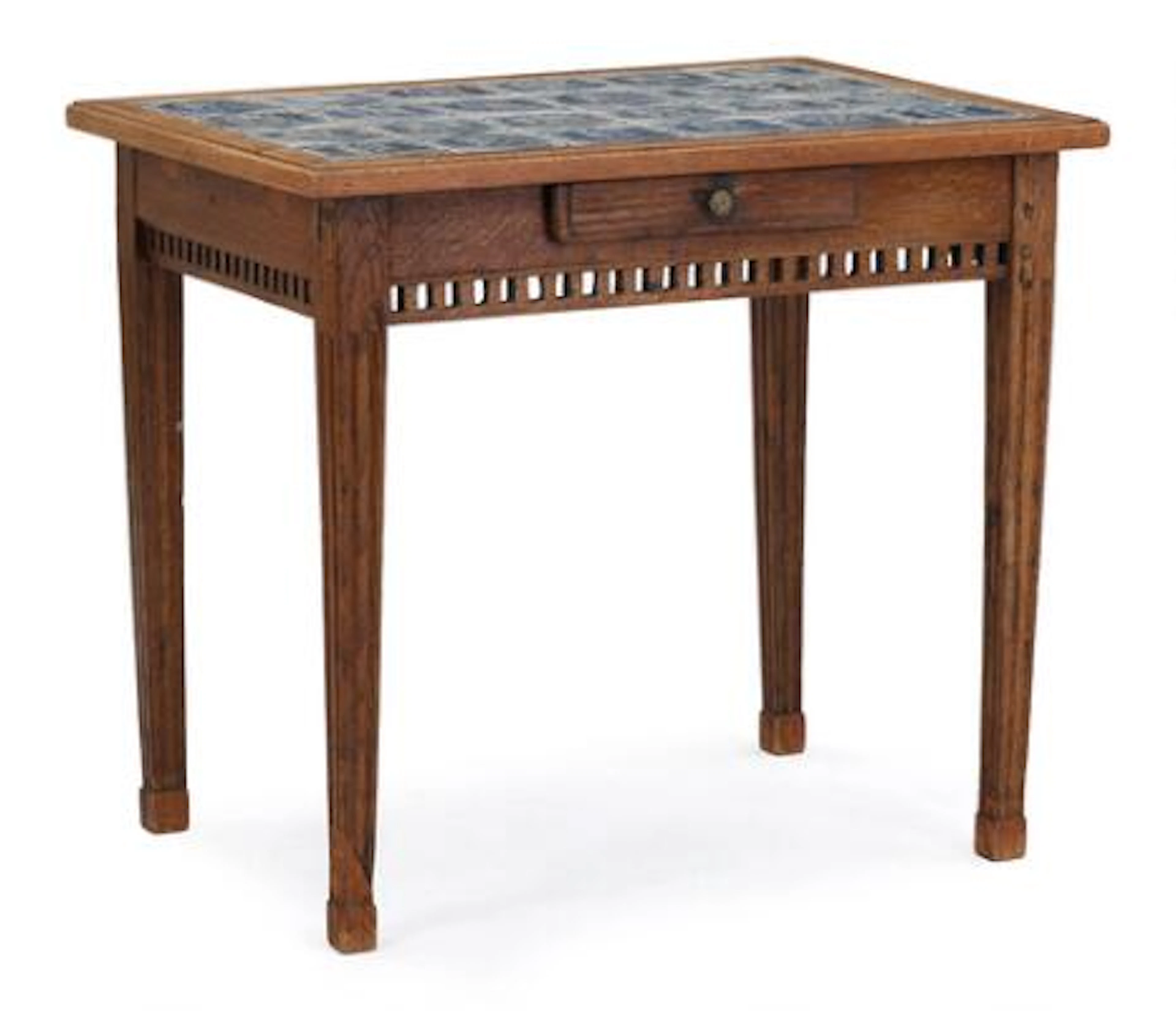 An oak tile top table, front with drawer, top with 24 Dutch faience