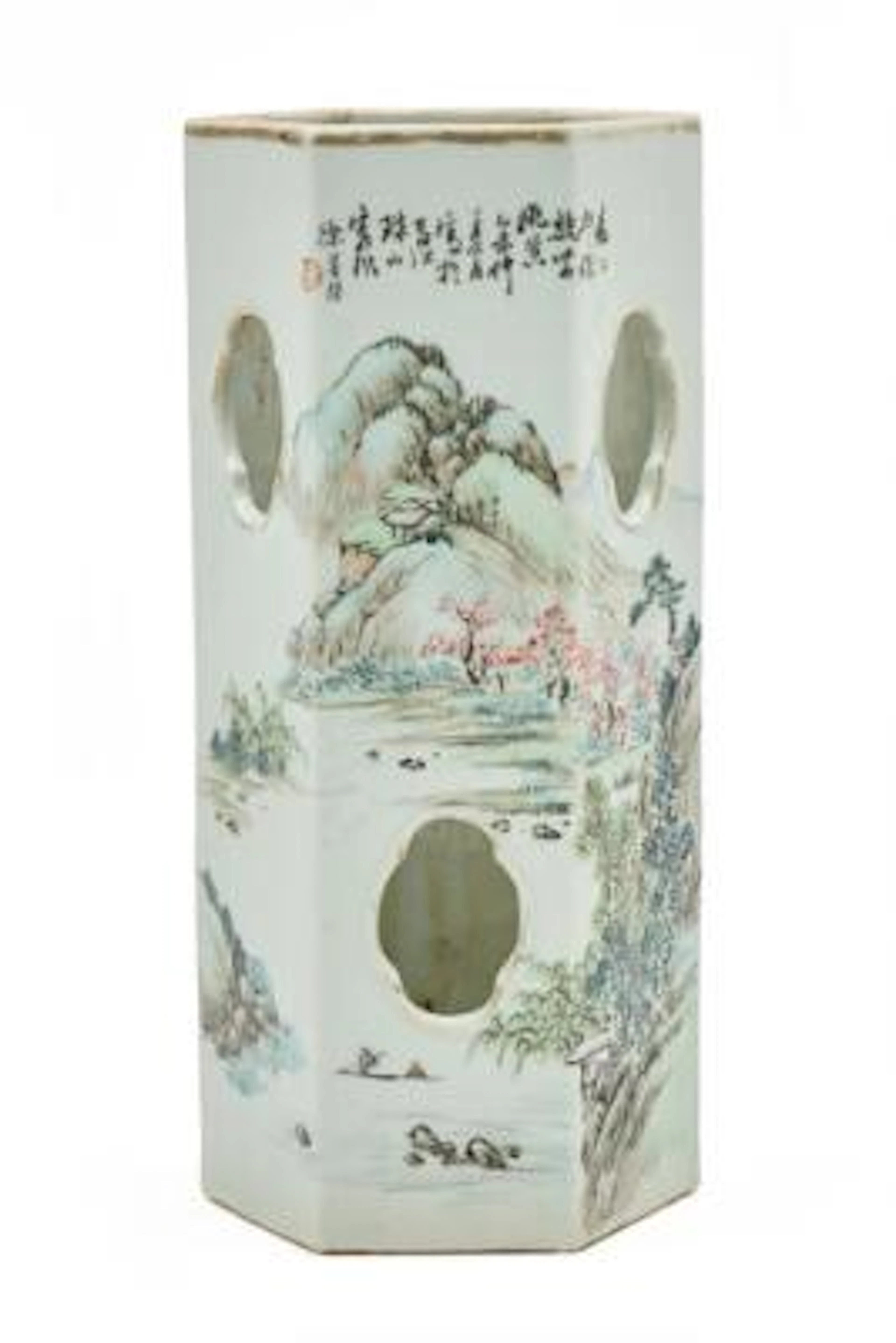 A Chinese enamelled porcelain hatstand of hexagonal form signed Xu