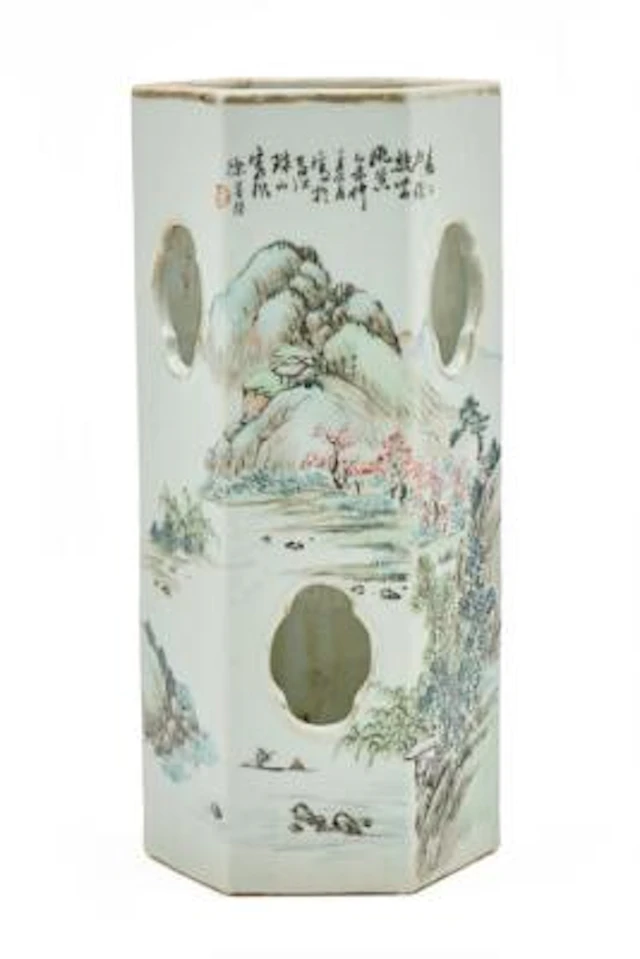 A Chinese enamelled porcelain hatstand of hexagonal form signed Xu
