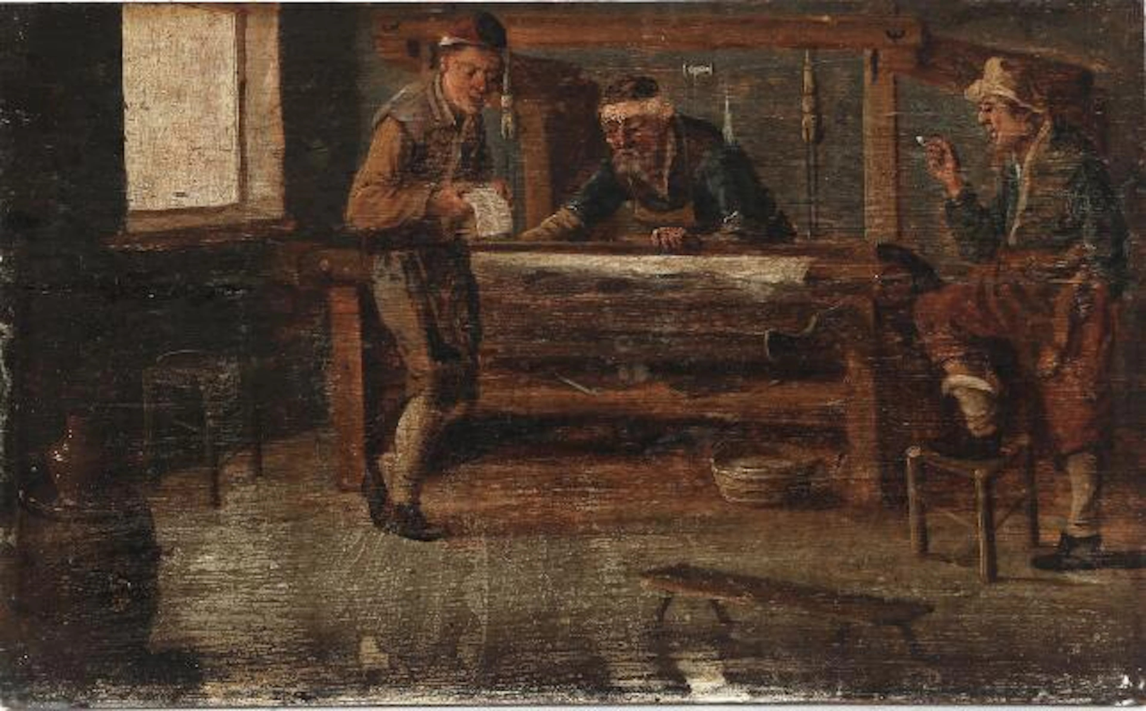 Dutch painter, 17th century: In the weaver's workshop. Unsigned. Oil