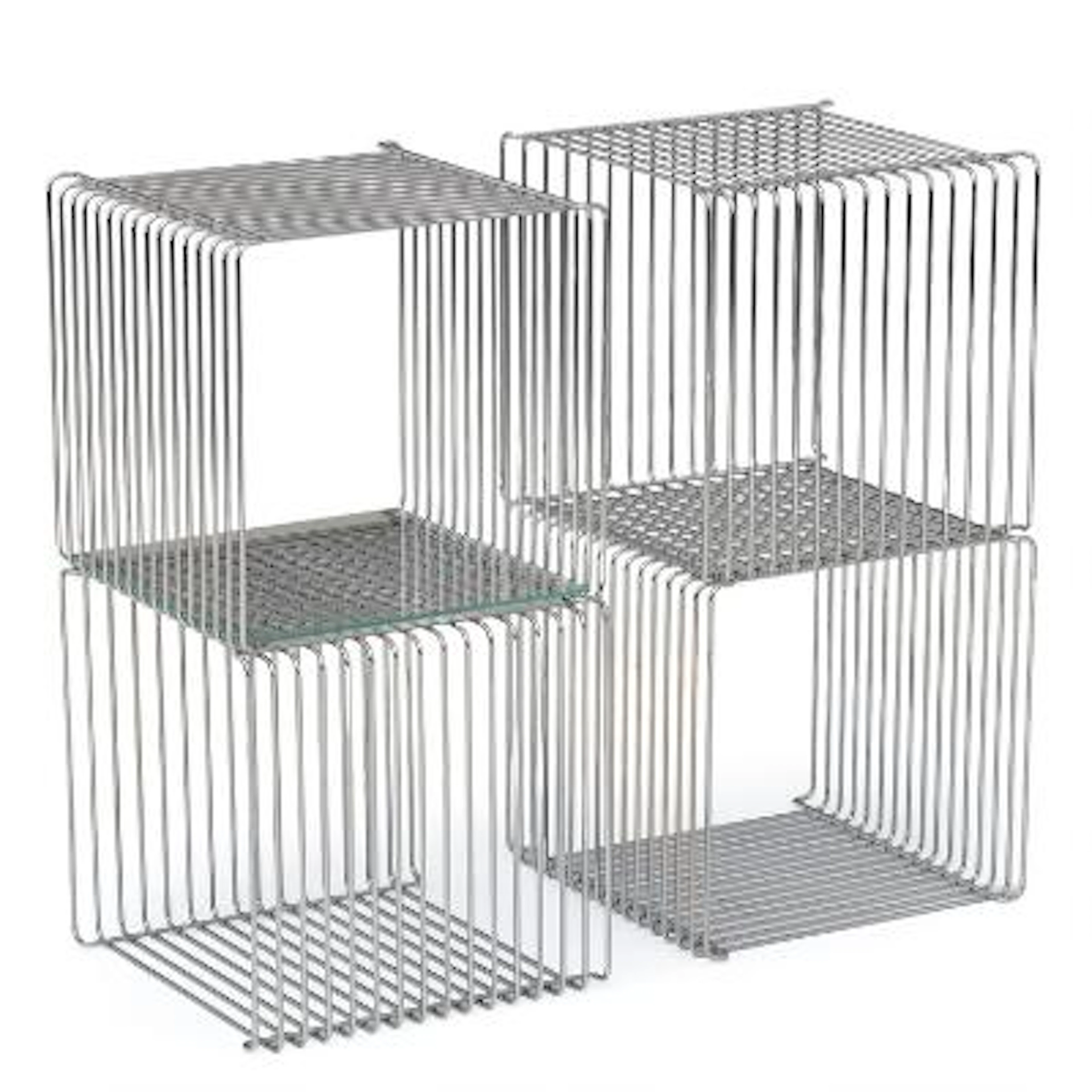 Verner Panton: "Wire". Set of four shelves in chrome-plated metal.