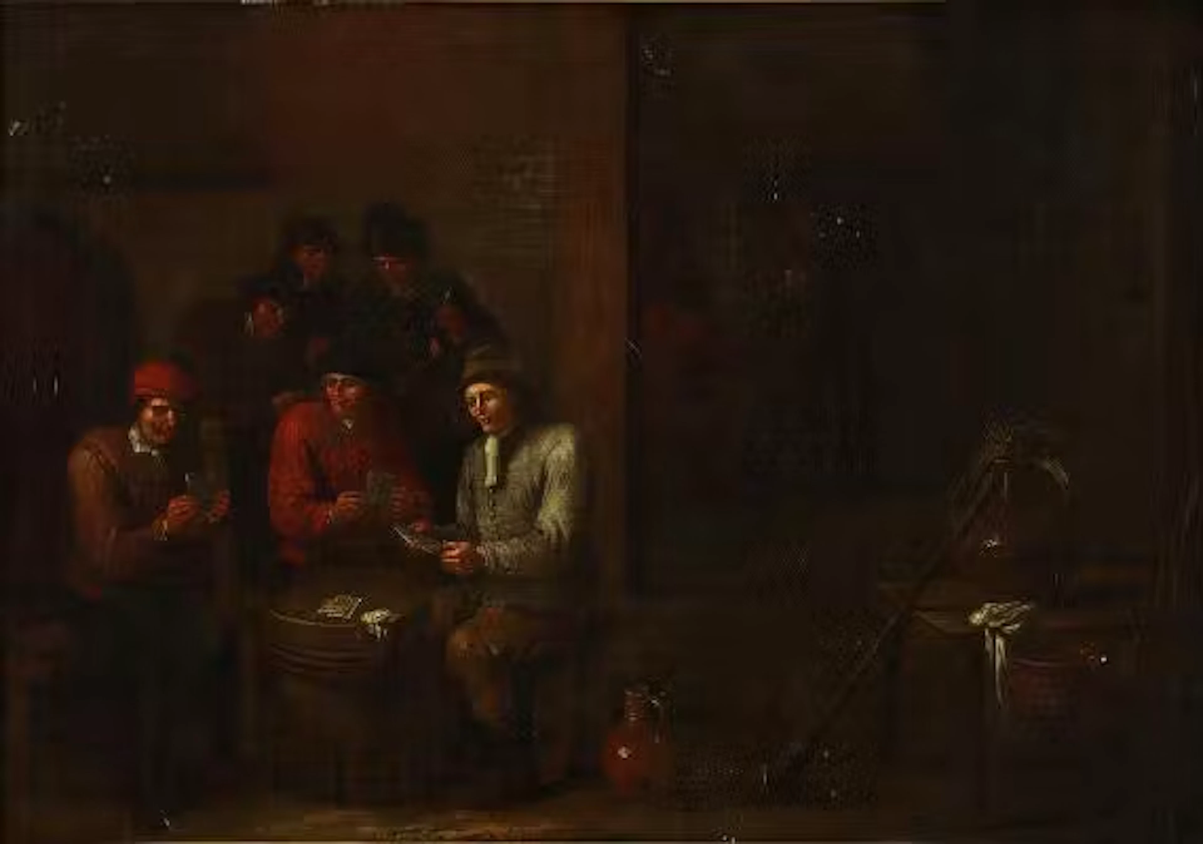 Dutch school, 18th century: Interior of a tavern. Indistinctly signed.