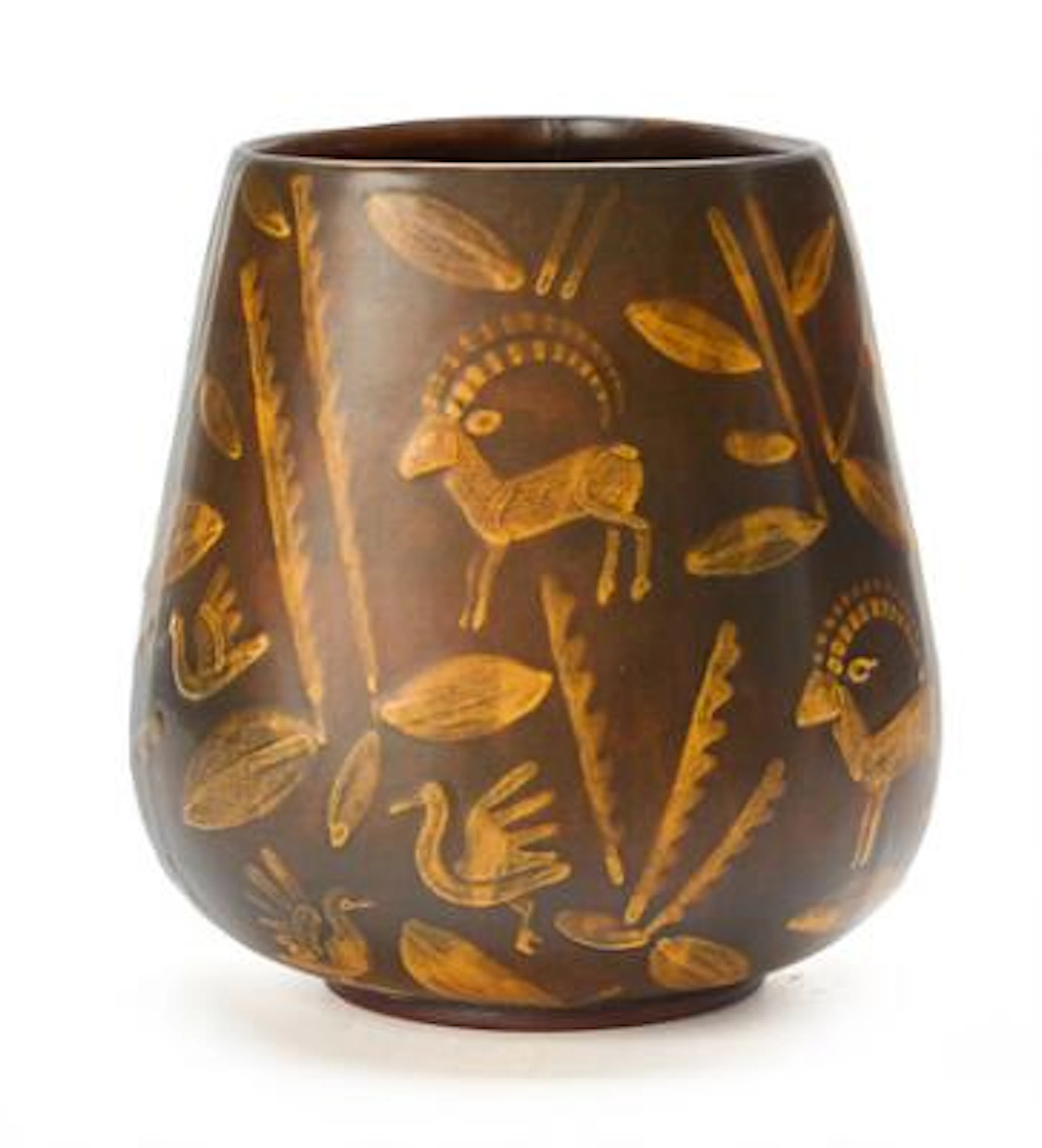 Nils Thorsson: Faience vase decorated with yellow-glazed motifs on