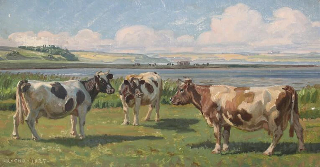 Rasmus Christiansen: Summer day with three cows by a fjord. Signed