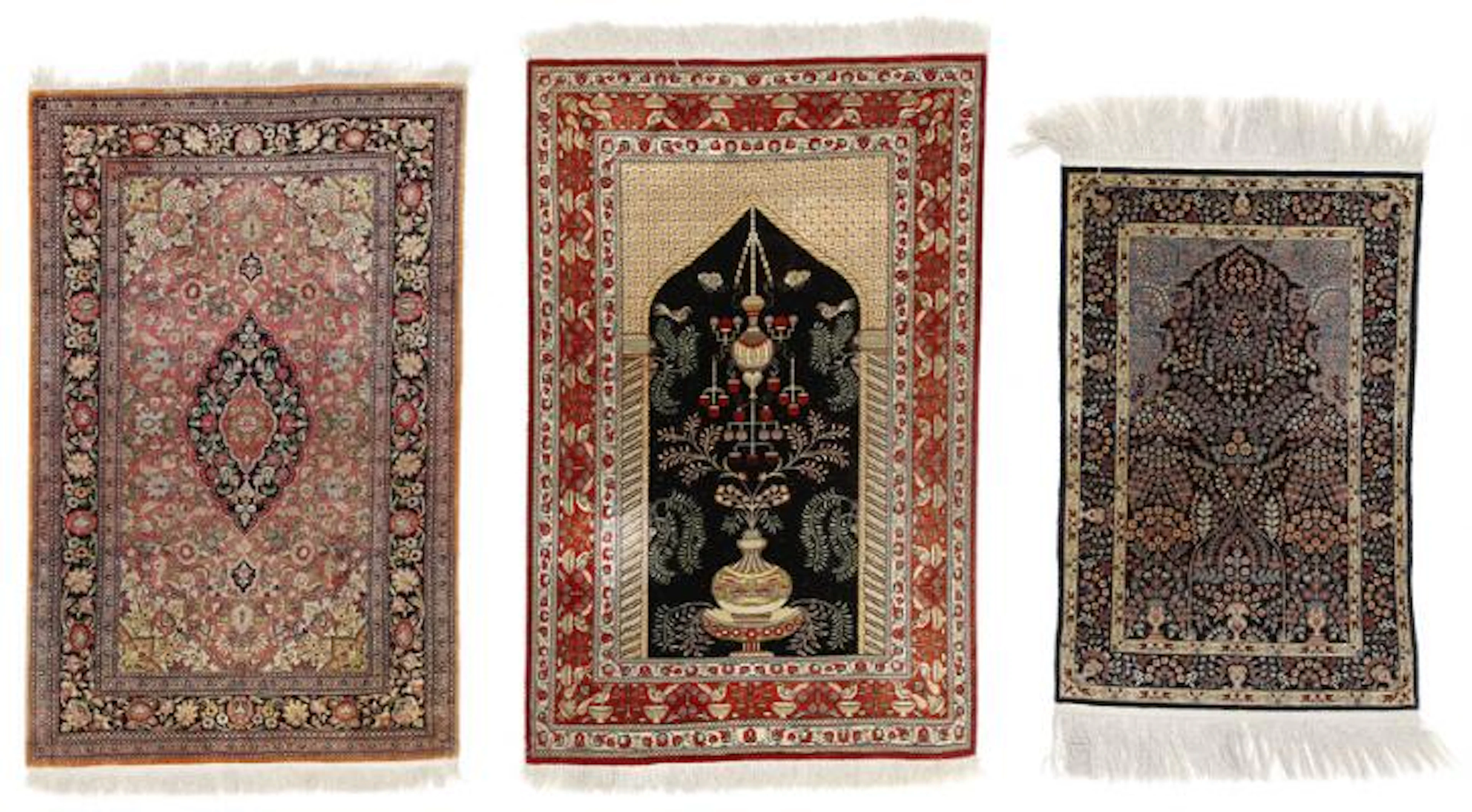 Three Qum full silk rugs, Persia. 62 x 95 cm, 117 x 74 cm. 78 x 121