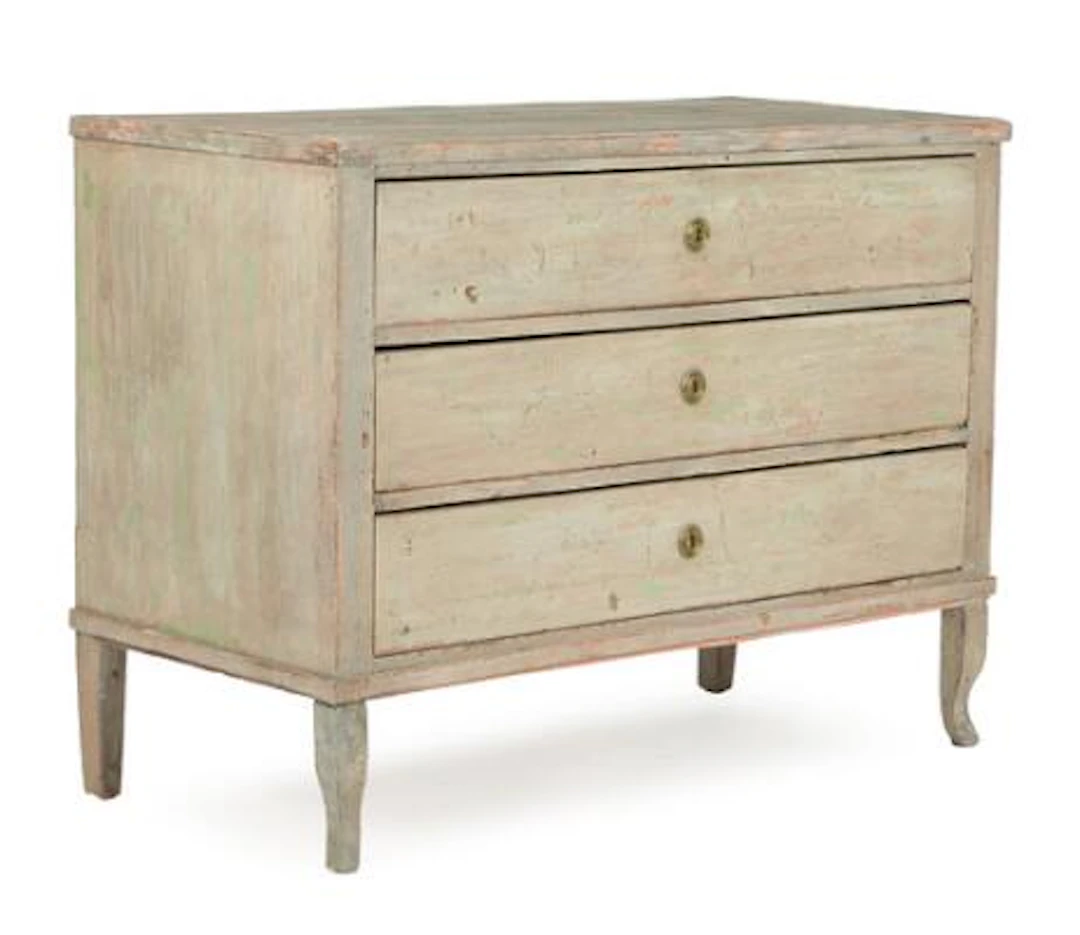 Late Gustavian grey painted wood commode, front with three drawers.