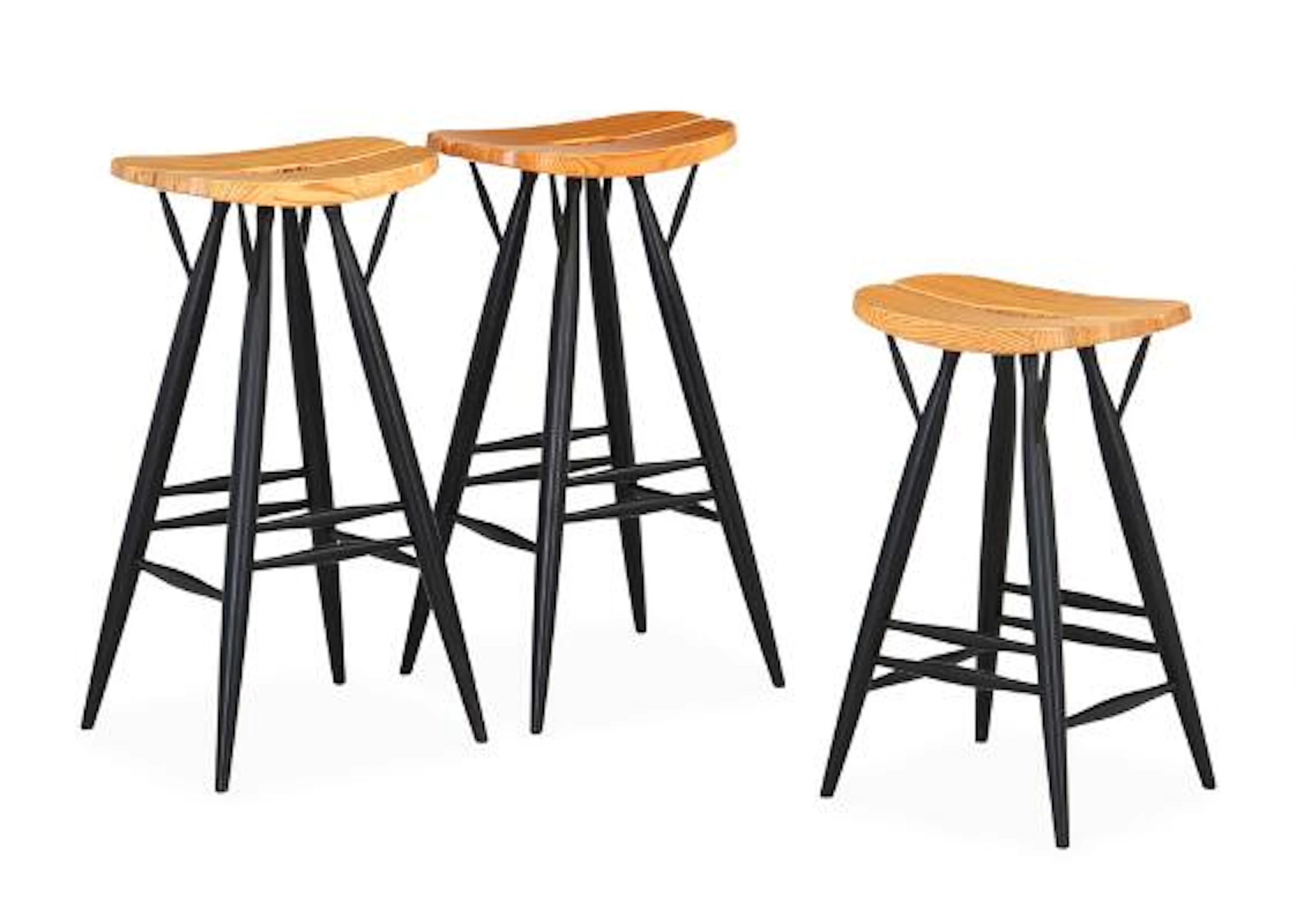 Ilmari Tapiovaara: "Pirkka". Three barstools with seats of solid pine