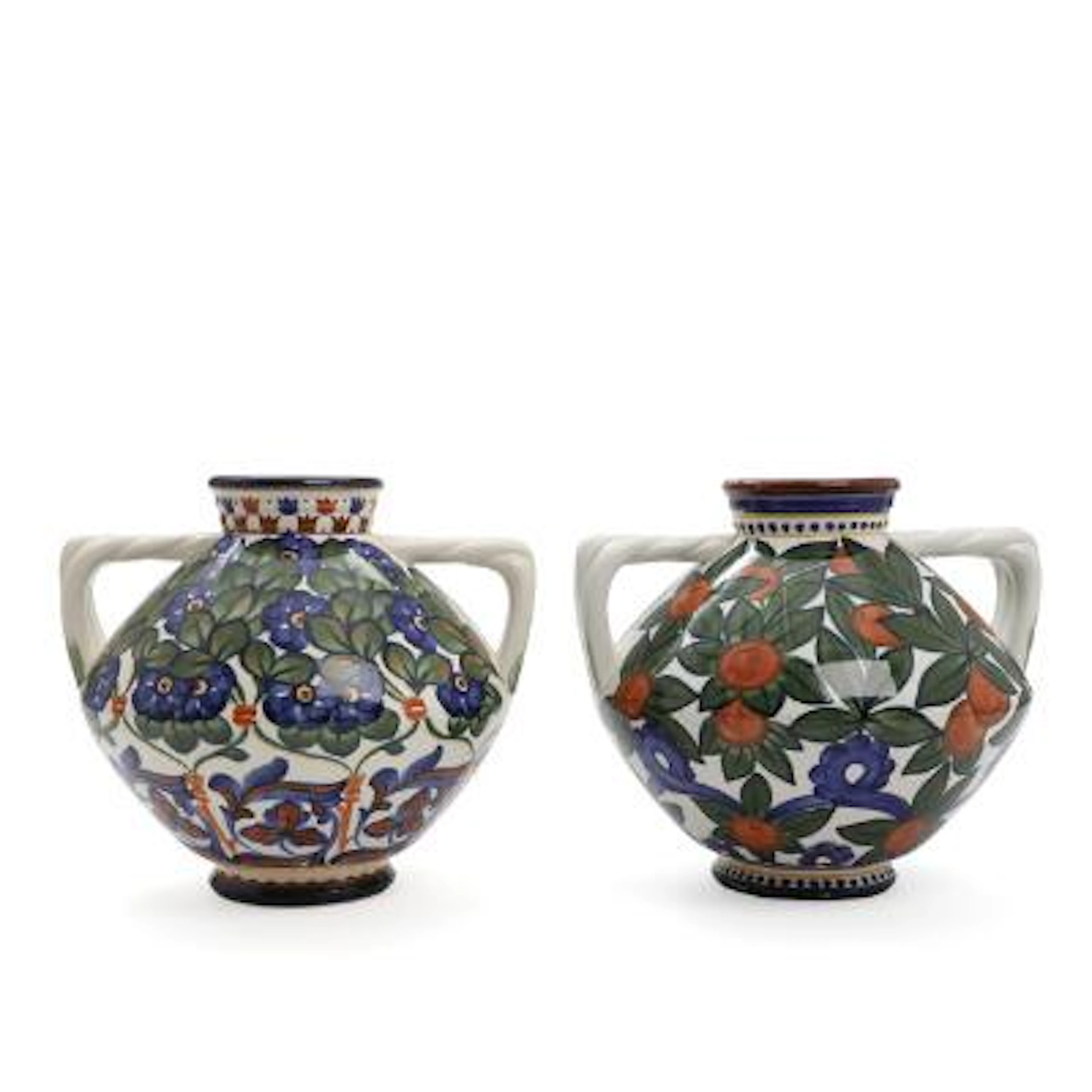 Harald Slott-Møller: Two faience vases with paired handles. Aluminia.