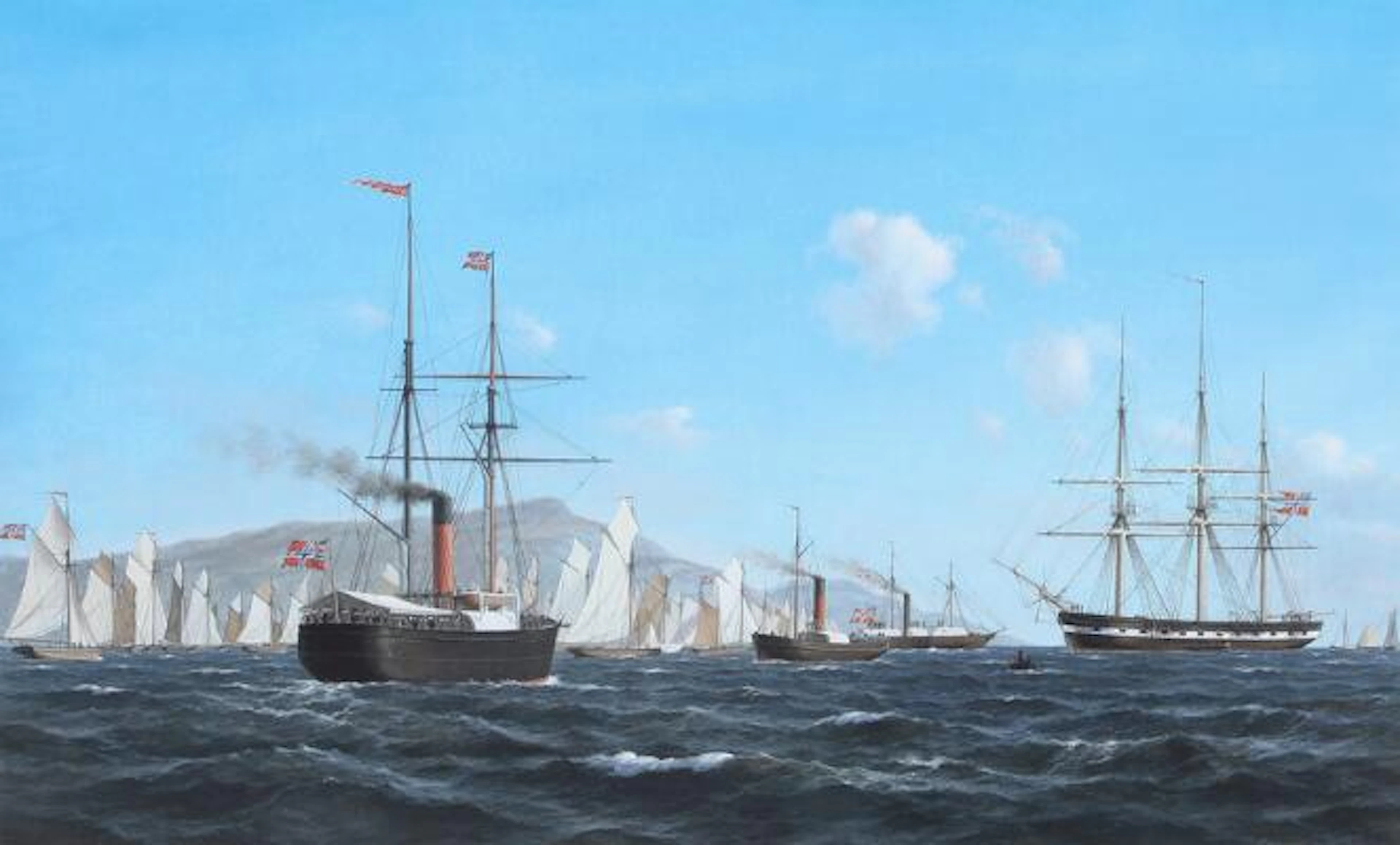 Andrej Tron: Seascape with numerous ships off a Norwegian coast. Signed.