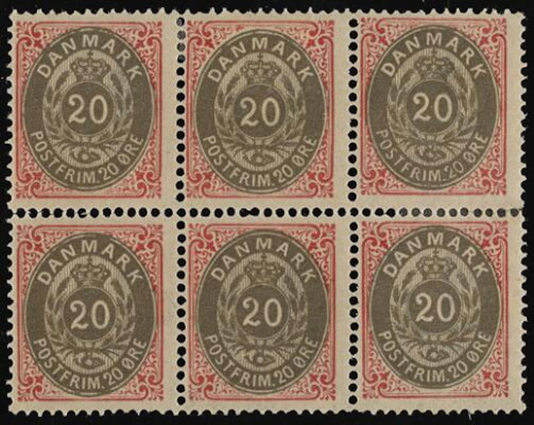 1875. 20 øre, 2.print, pos. 43-45/53-55. Unused block of 6. Pos. 45