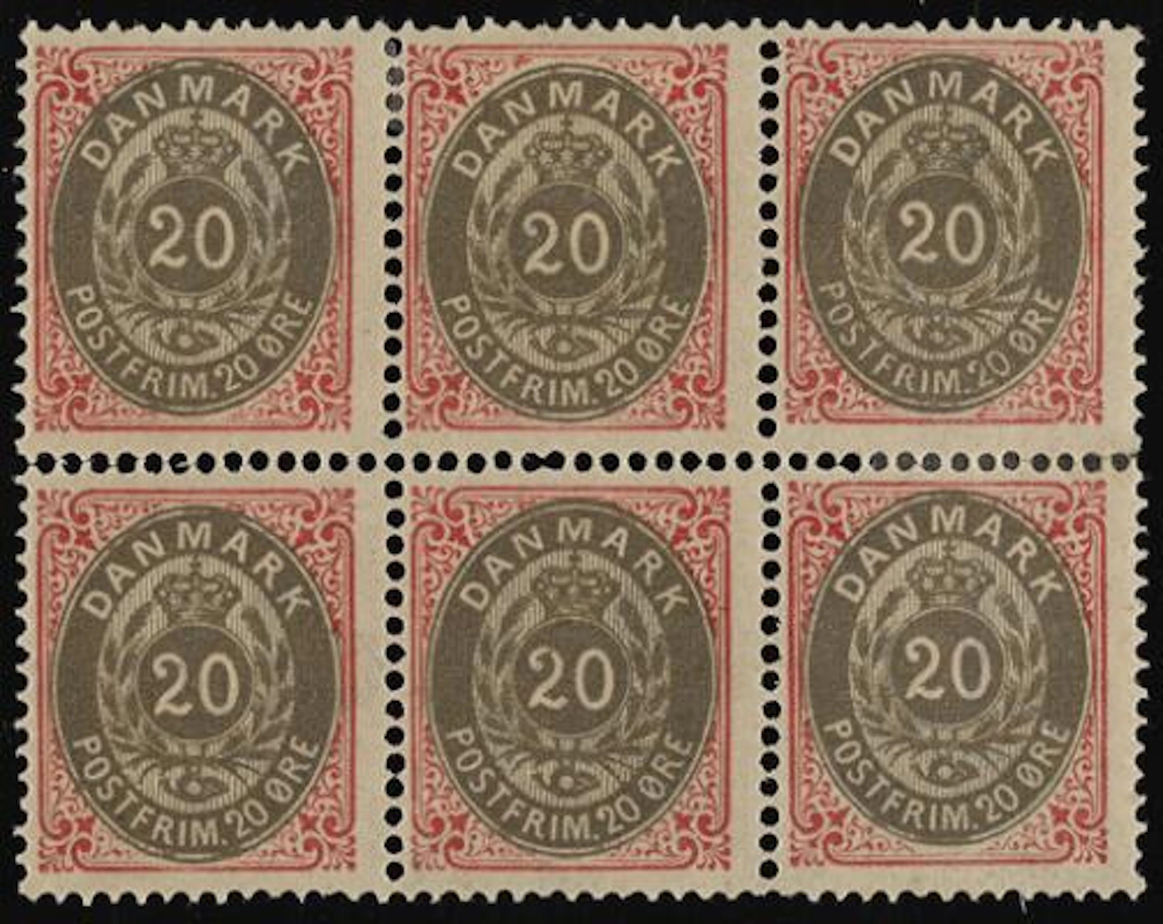 1875. 20 øre, 2.print, pos. 43-45/53-55. Unused block of 6. Pos. 45