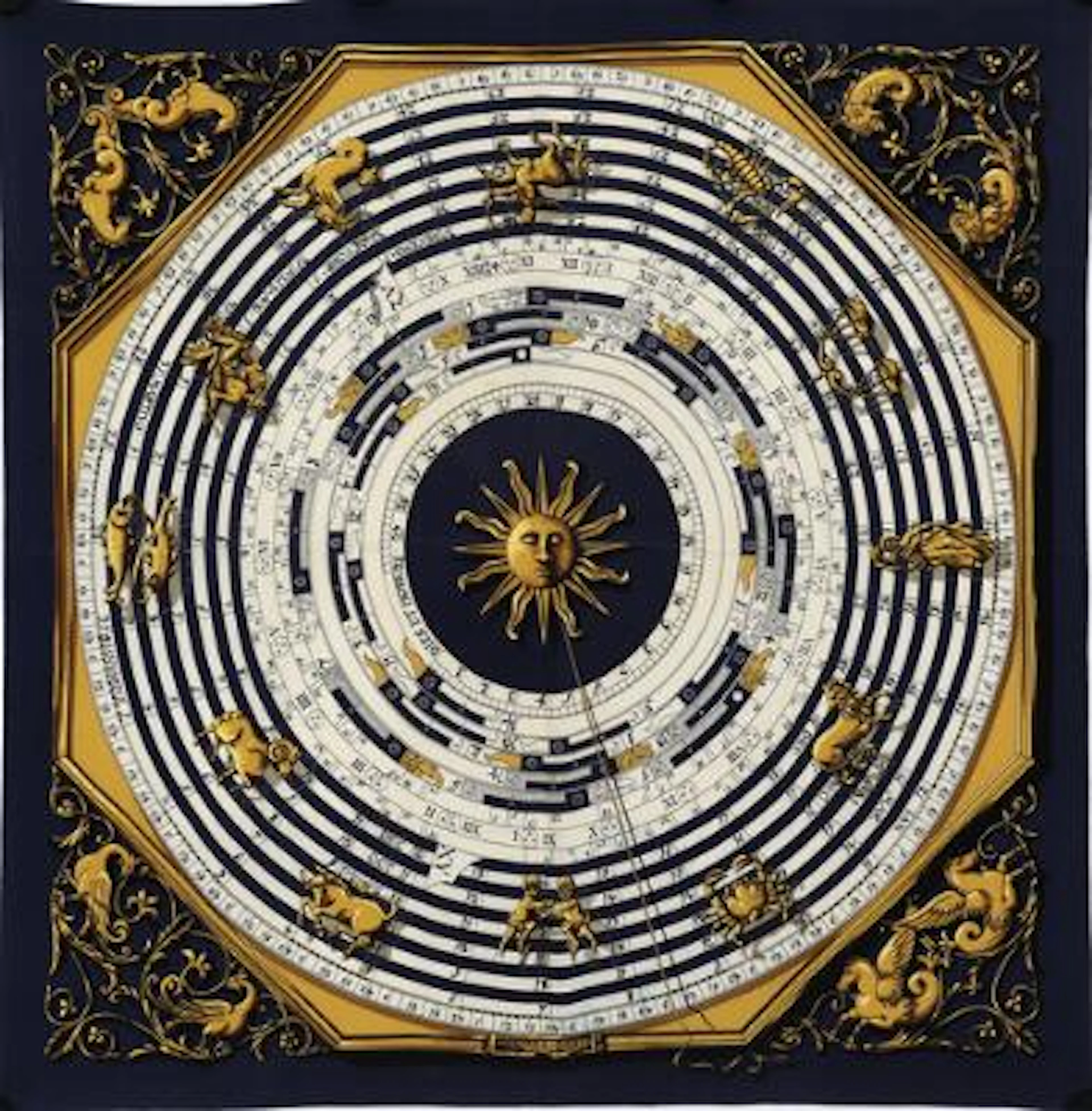 Hermès: A silk scarf with motif “Dies et Hore” by Françoise Faconnet.