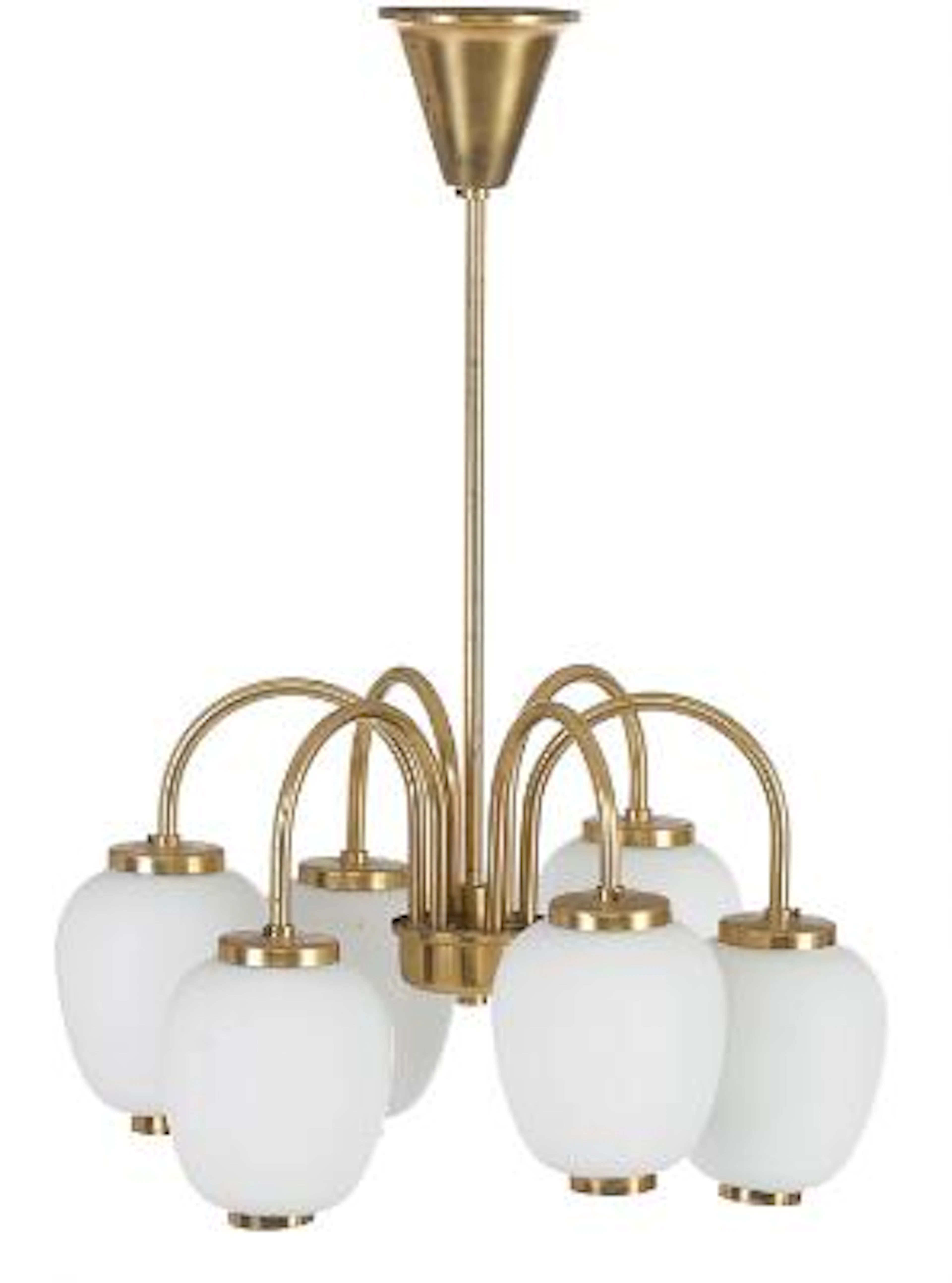 Lyfa: A brass and copper chandelier, six branches with opal glass