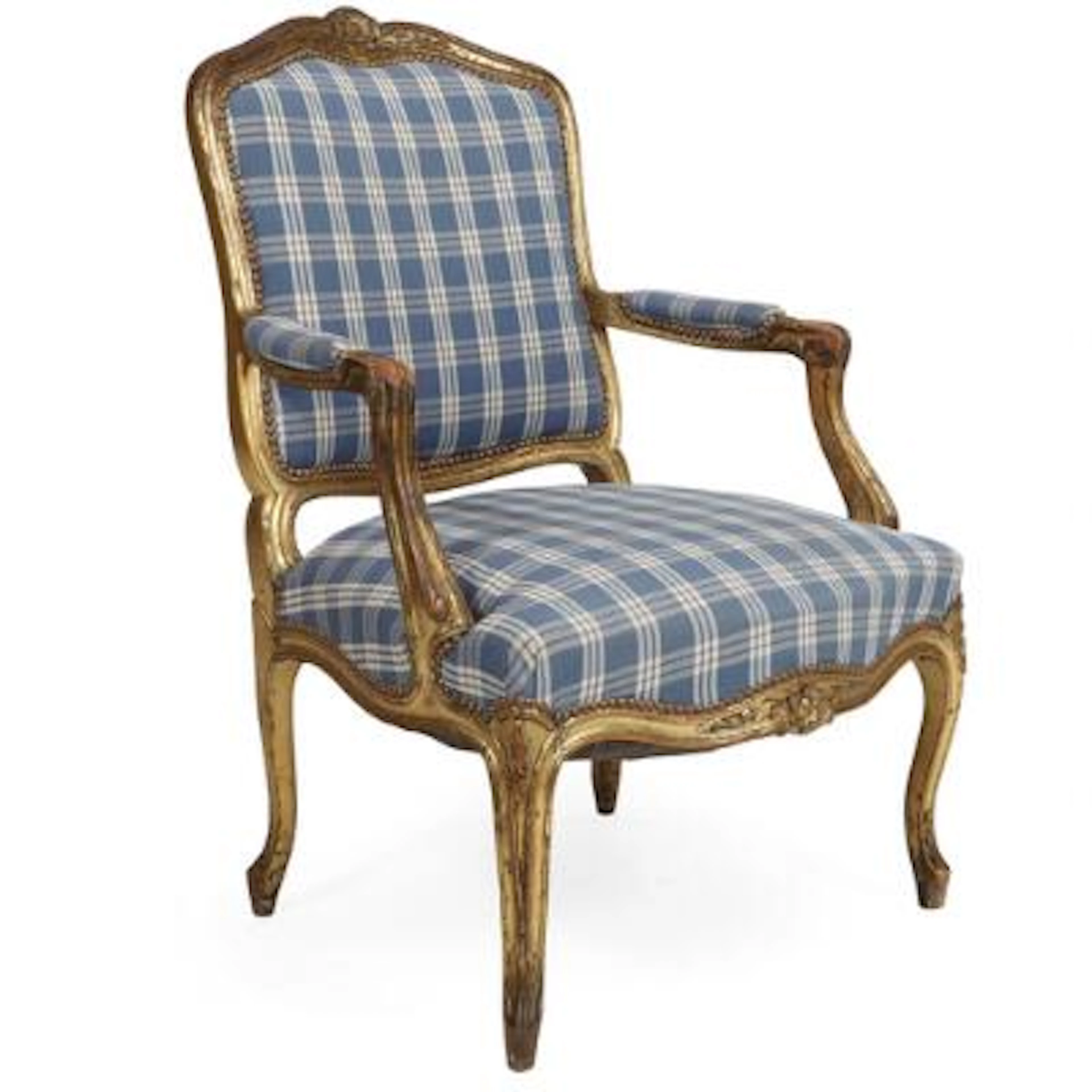 Louis XVI style armchair of gilded wood, upholstered in blue-checked