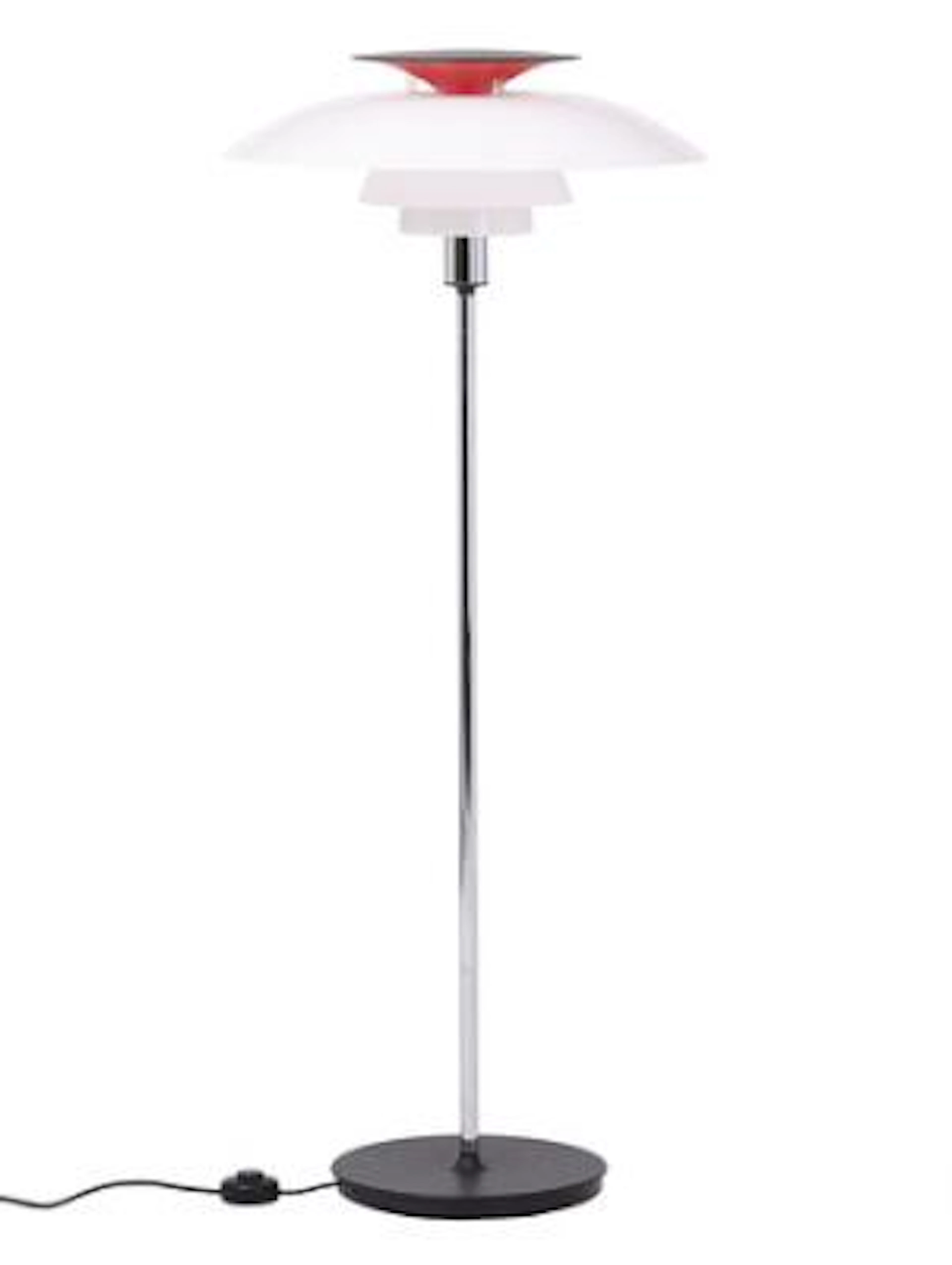 Poul Henningsen: “PH-80”. Floor lamp with white acrylic shades, chromium-plated