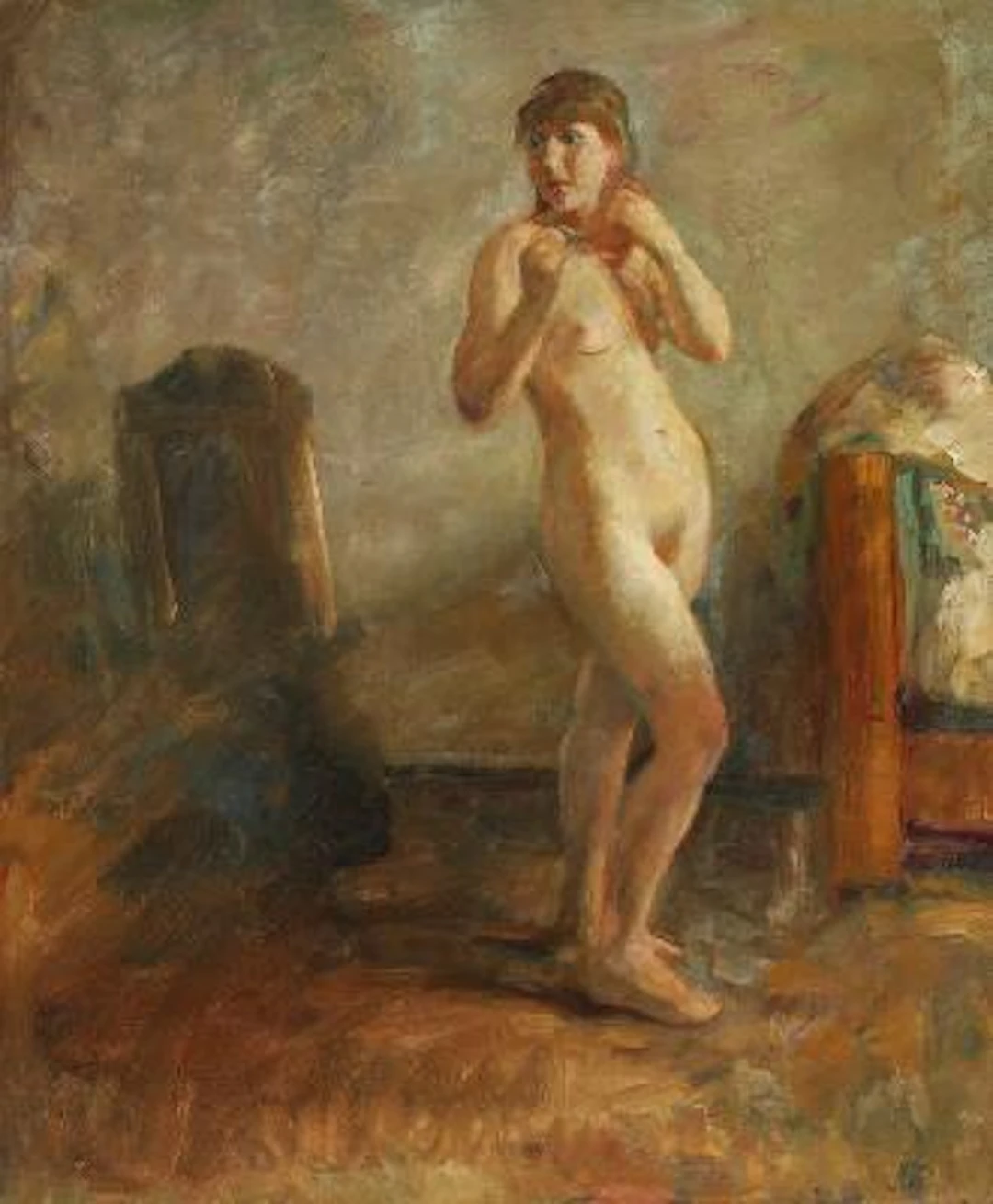 Julius Paulsen: Interior with a nude standing woman. Signed JP. Oil