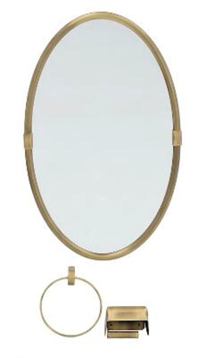 Unknown design: Brass mirror, toilet roll holder, and towel ring.