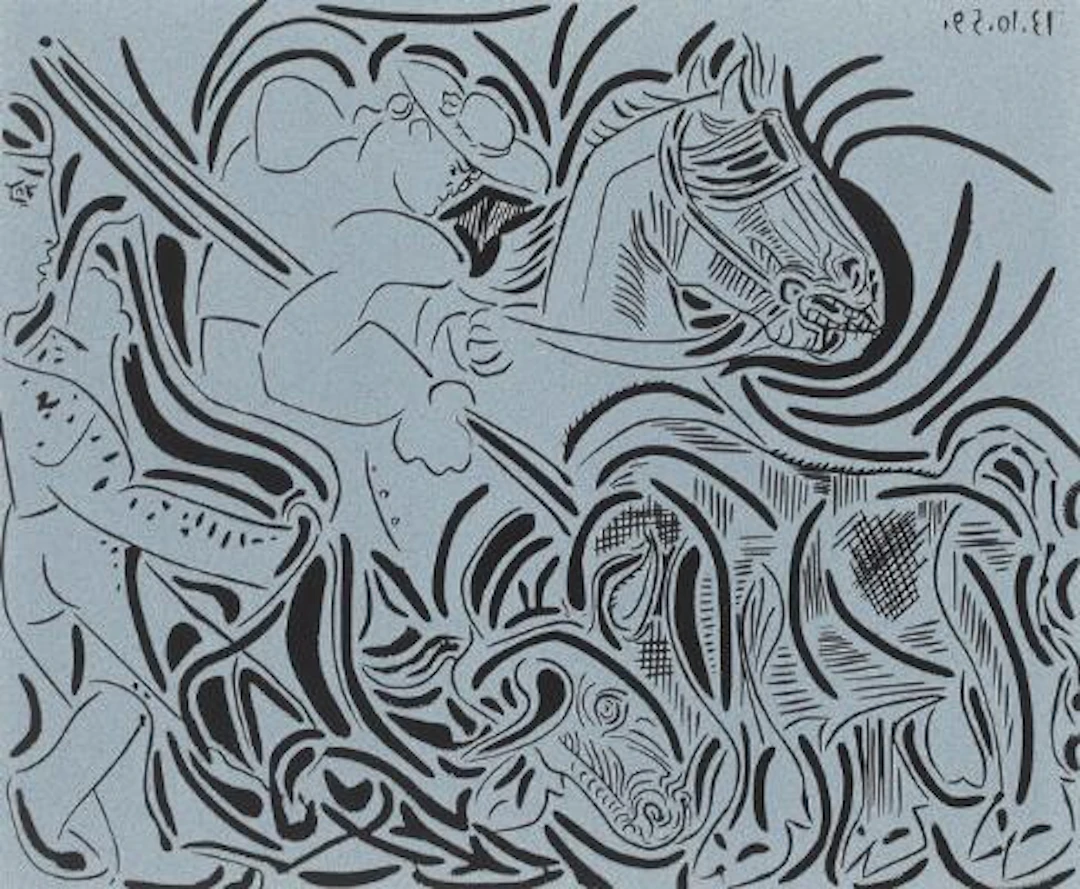 Pablo Picasso: Two compositions. Unsigned. Two linocuts in colours.