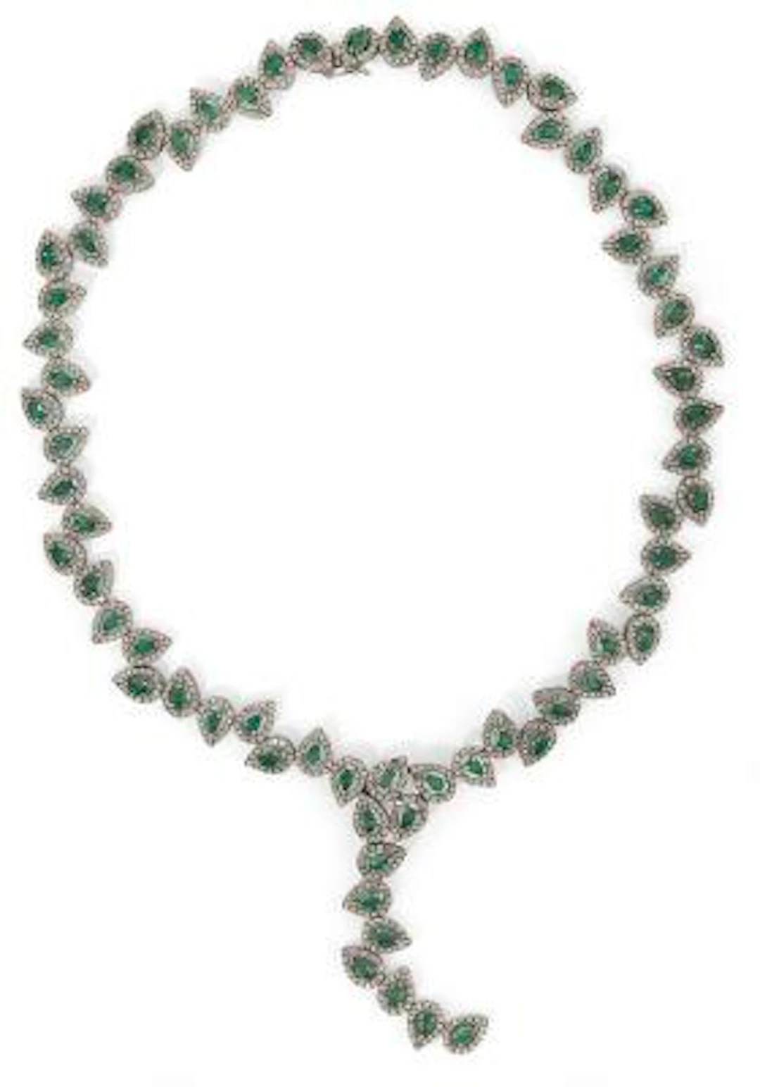 An emerald and diamond necklace set with emeralds and diamonds, mounted