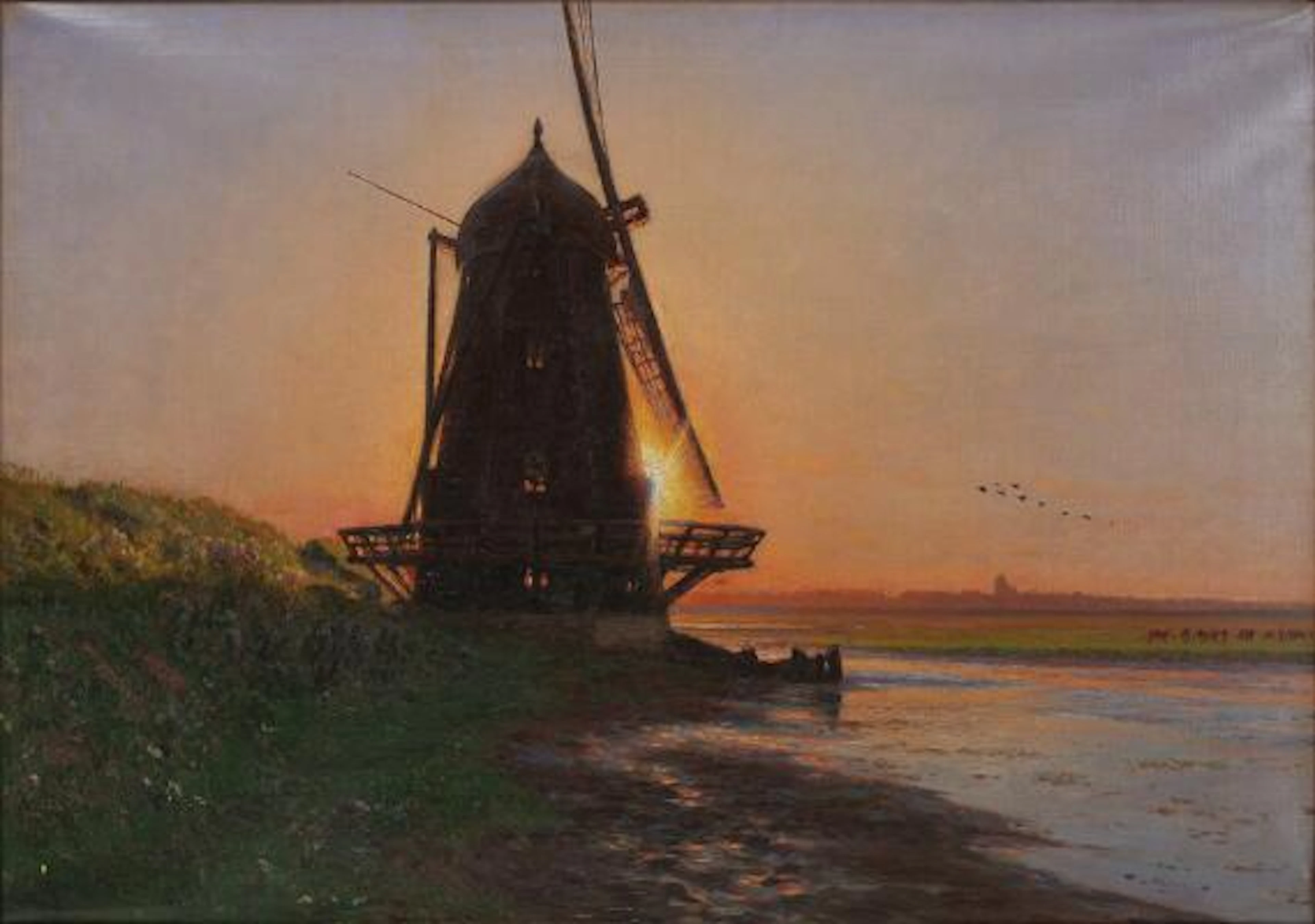Godfred Christensen: A sunset over a coast a mill in the distance.