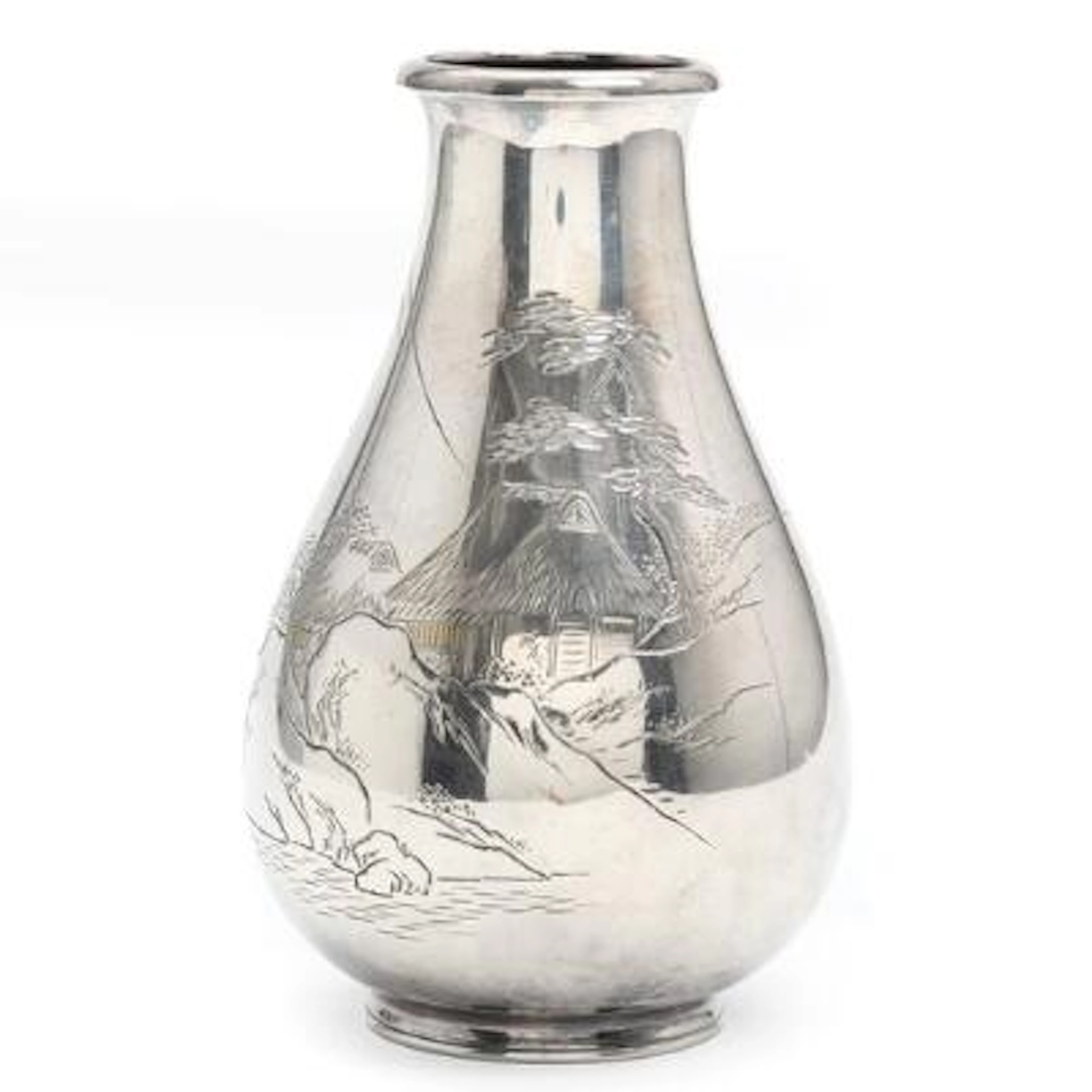 Japanese baluster-shaped vase in silver, engraved with landscape motif.