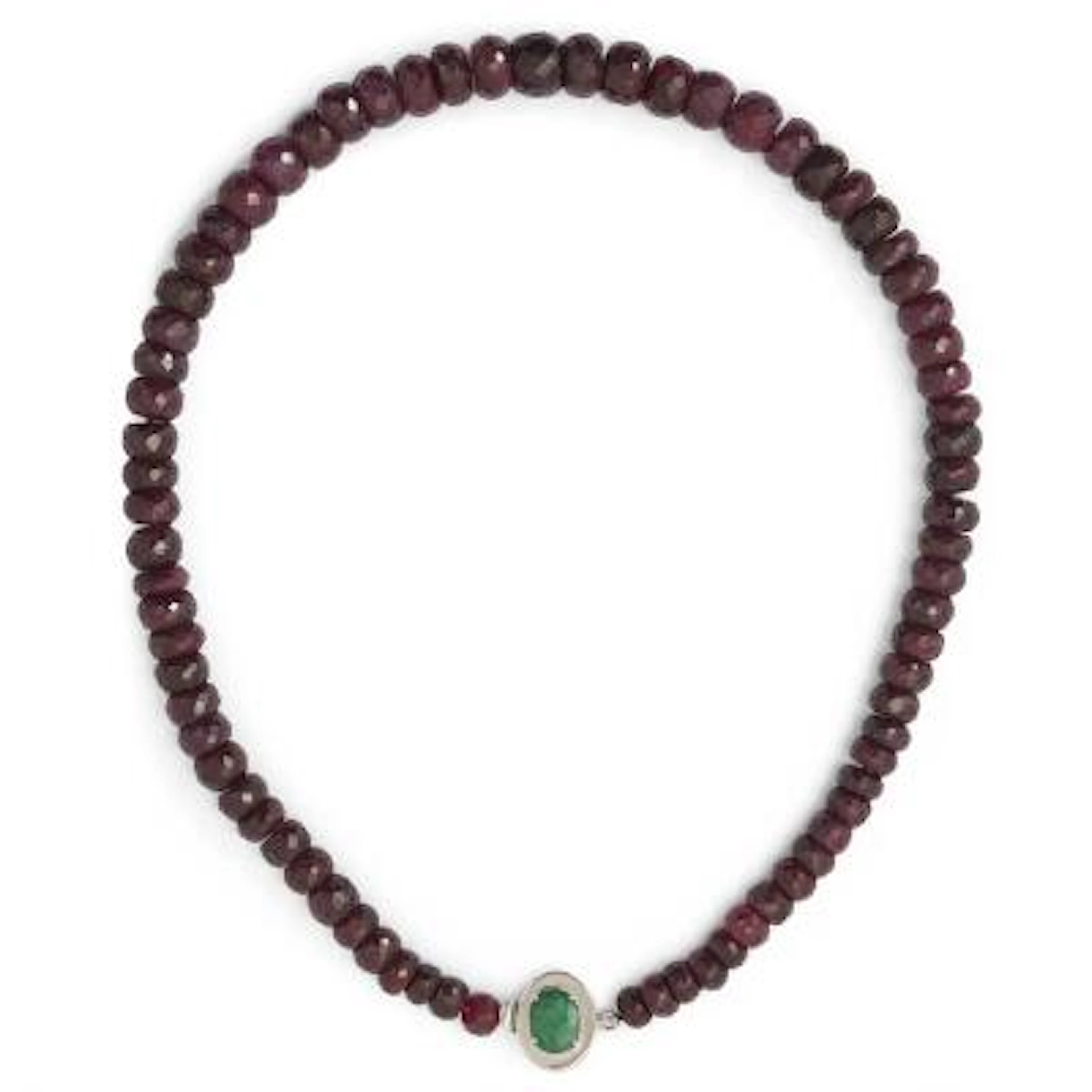 A ruby necklace set with ruby beads and an emerald clasp, mounted