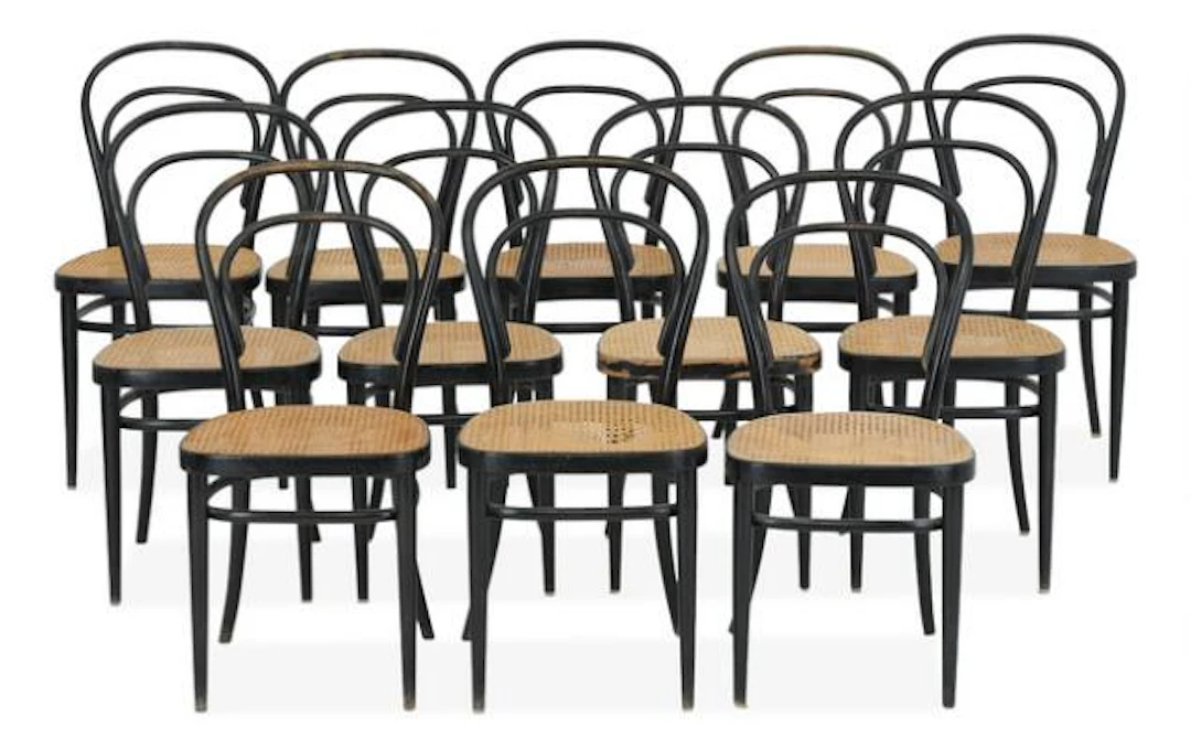 Michael Thonet: Set of 12 chairs of bentwood black-lacquered beech.