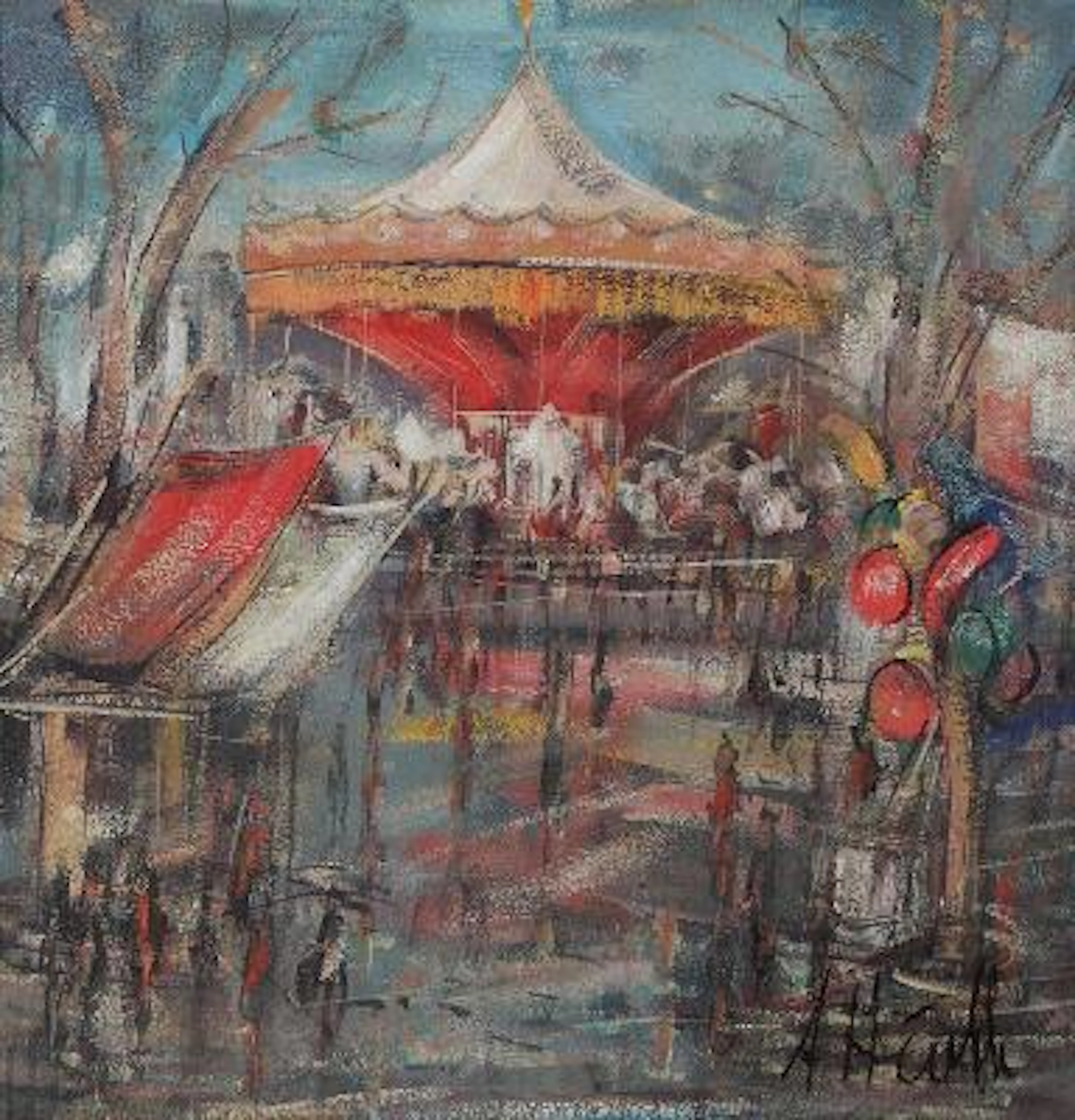 Unknown painter, 20th century: Figures by a park carousel. Indistinctly