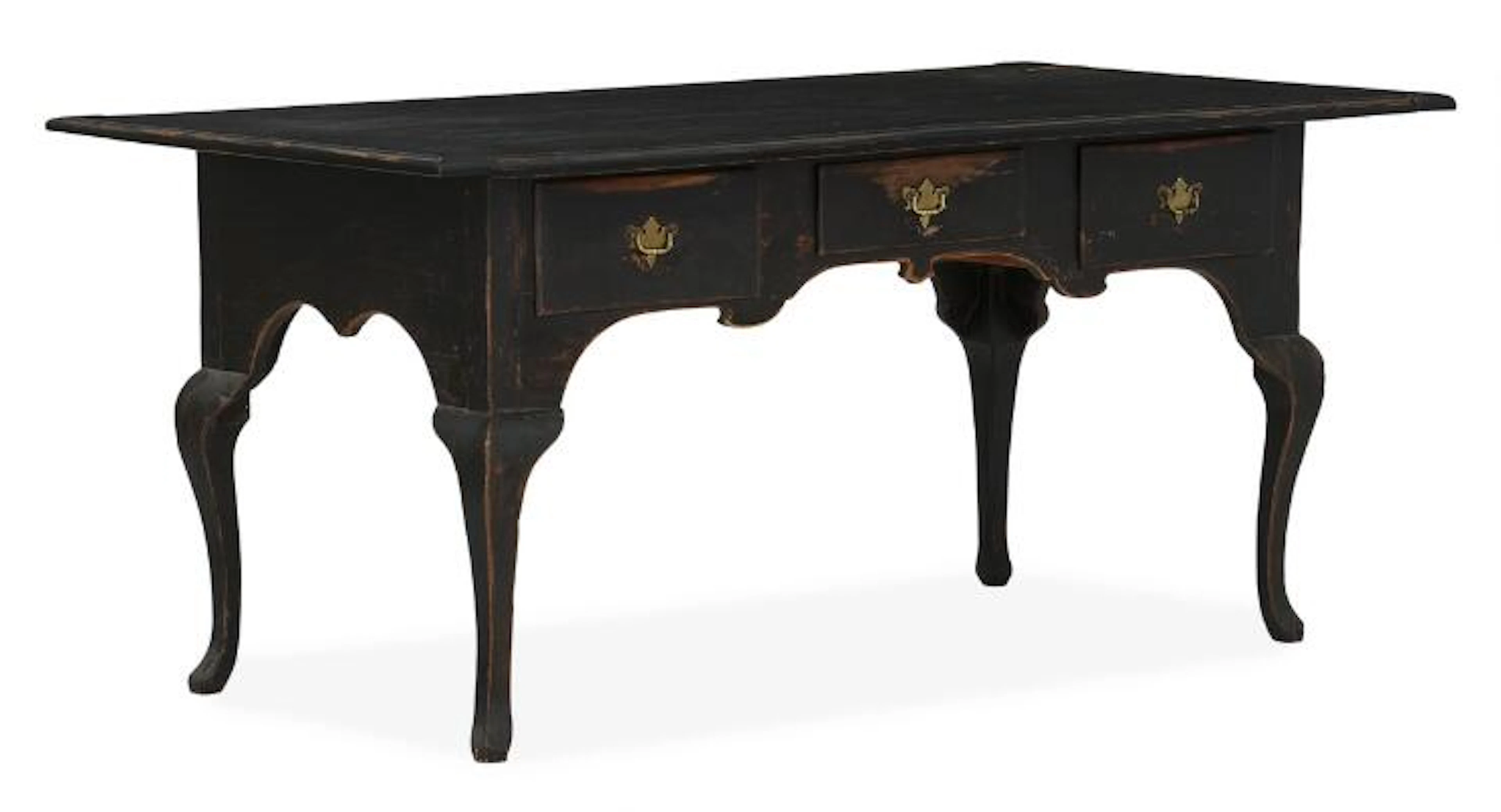 A Swedish Rococo black painted table, curved apron with three drawers
