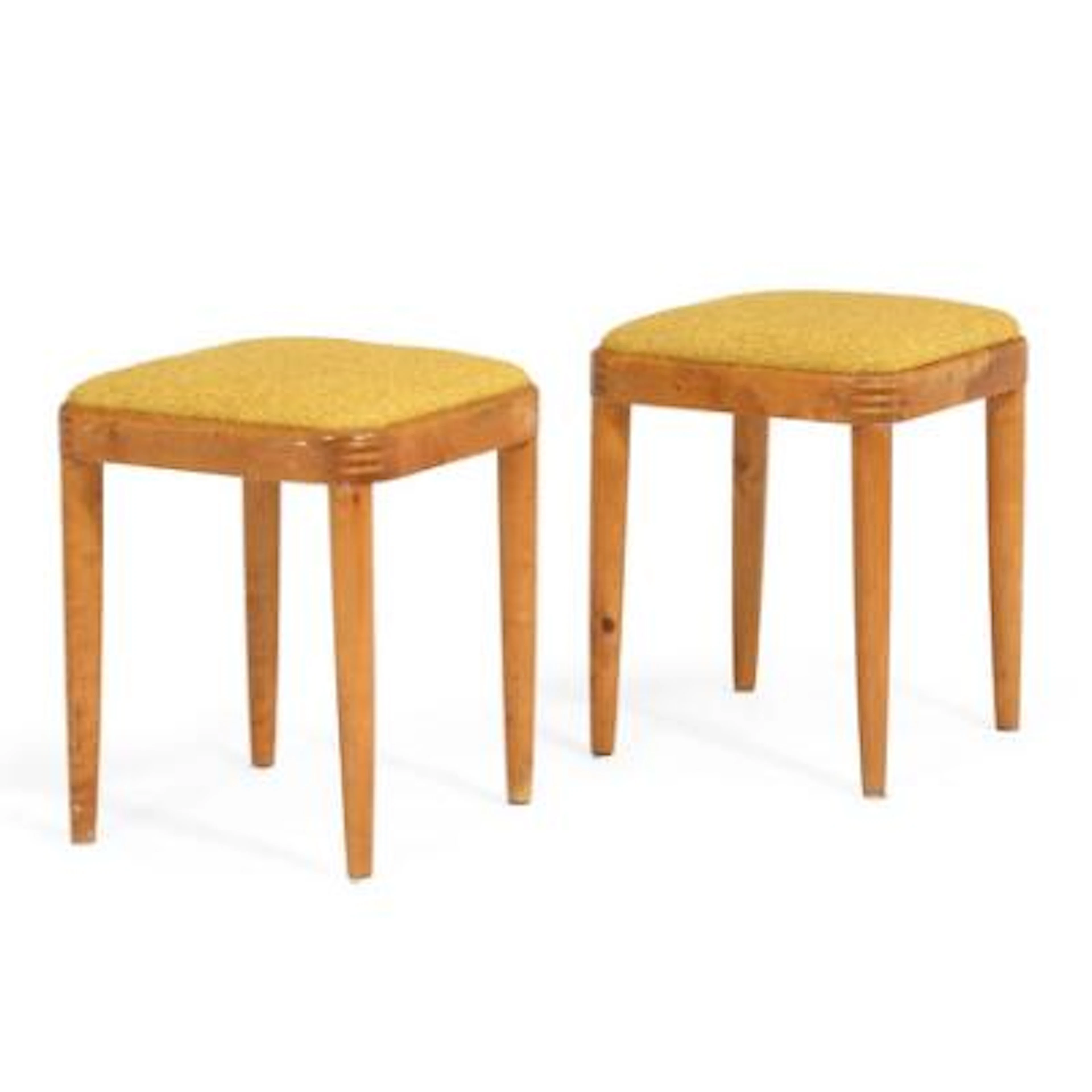 Swedish Modern: A pair of stools in birch. Seat upholstered in yellow