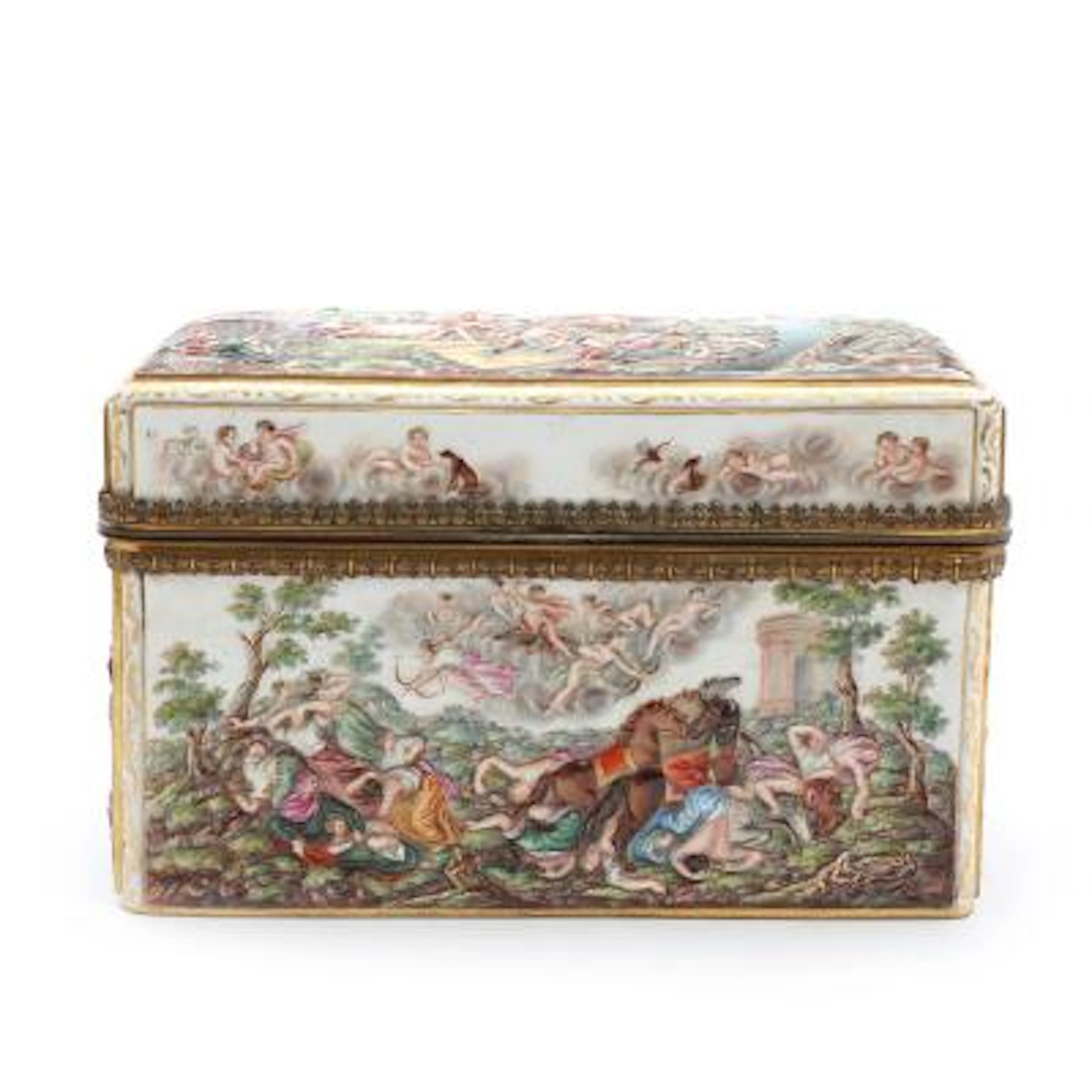 A porcelain box, decorated in colours with figure scenery in Capodimonte