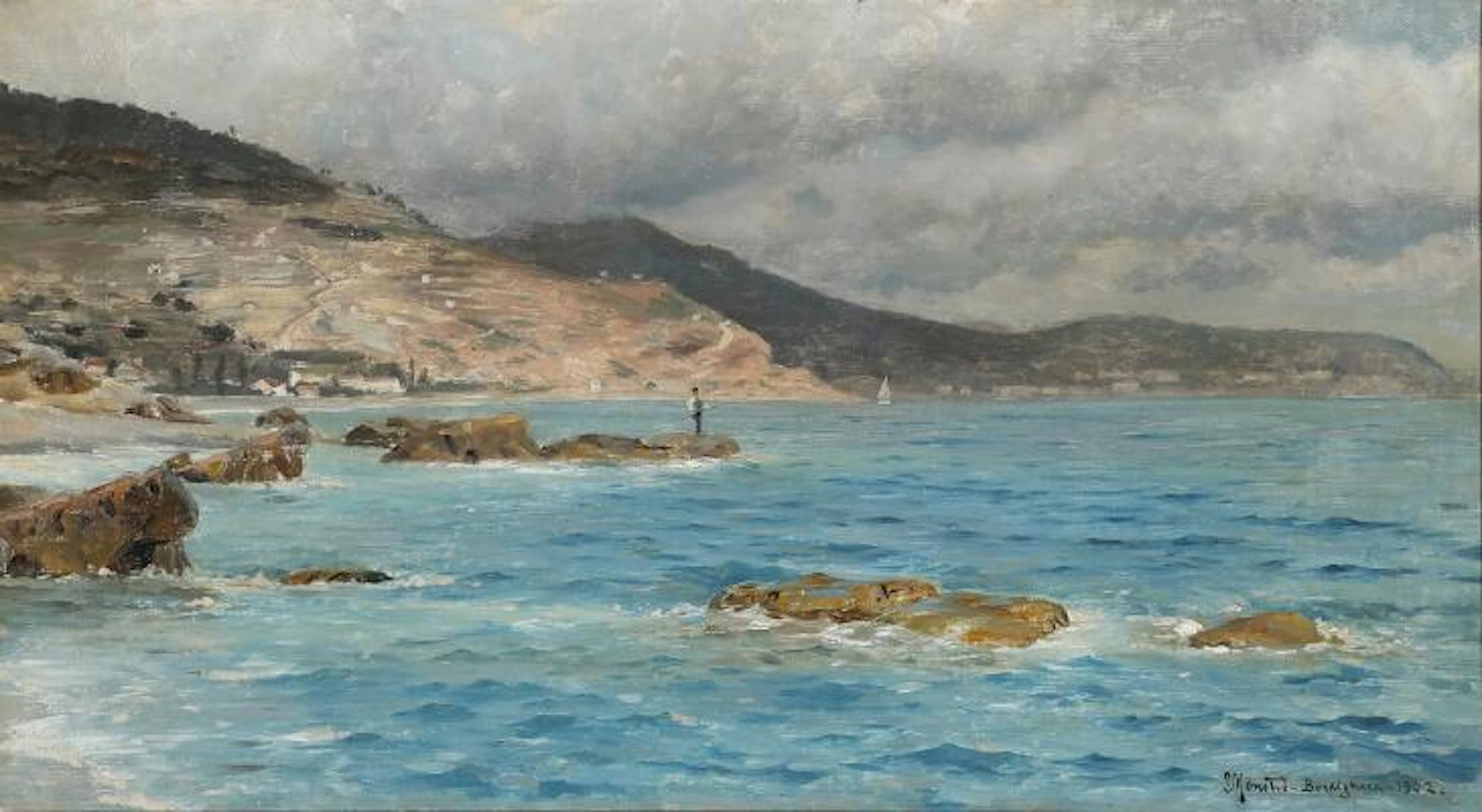 Peder Mønsted: Coastal view from Bordighera with a man fishing. Signed