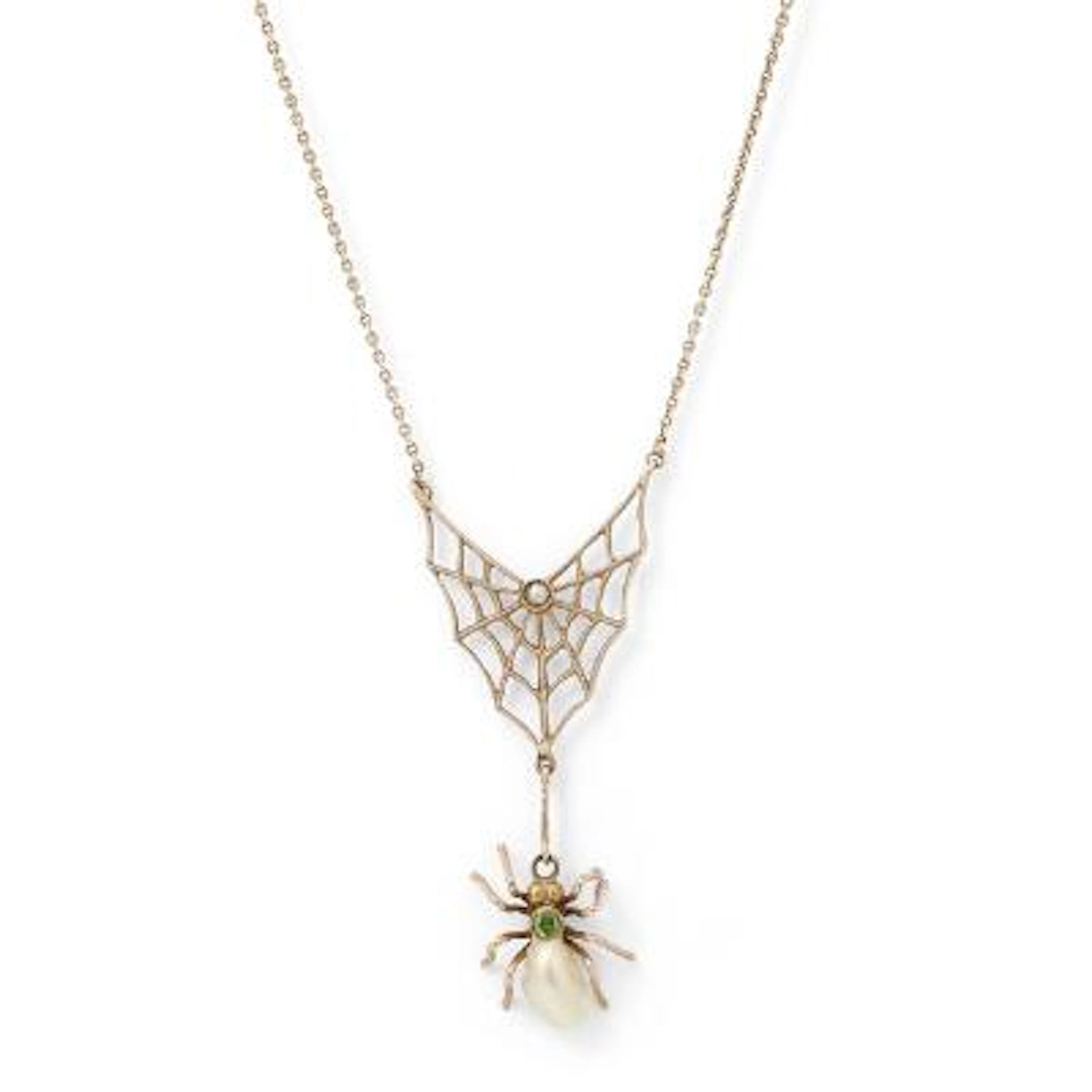 A necklace with pendant in the shape of a spider in a cobweb, mounted