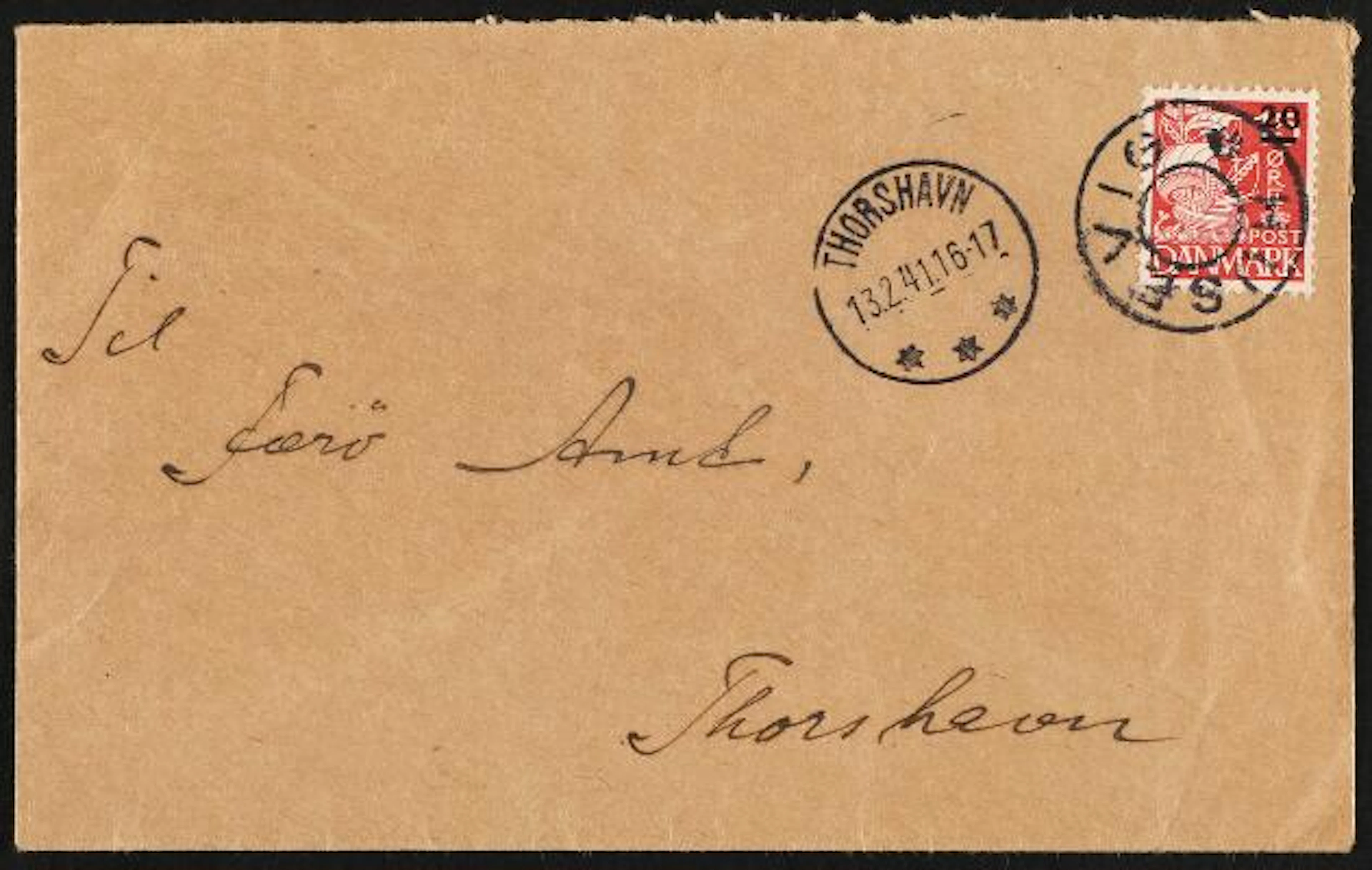 Faroe Islands. 1940. Surcharge. 20/15 Øre, red. Cover with removed