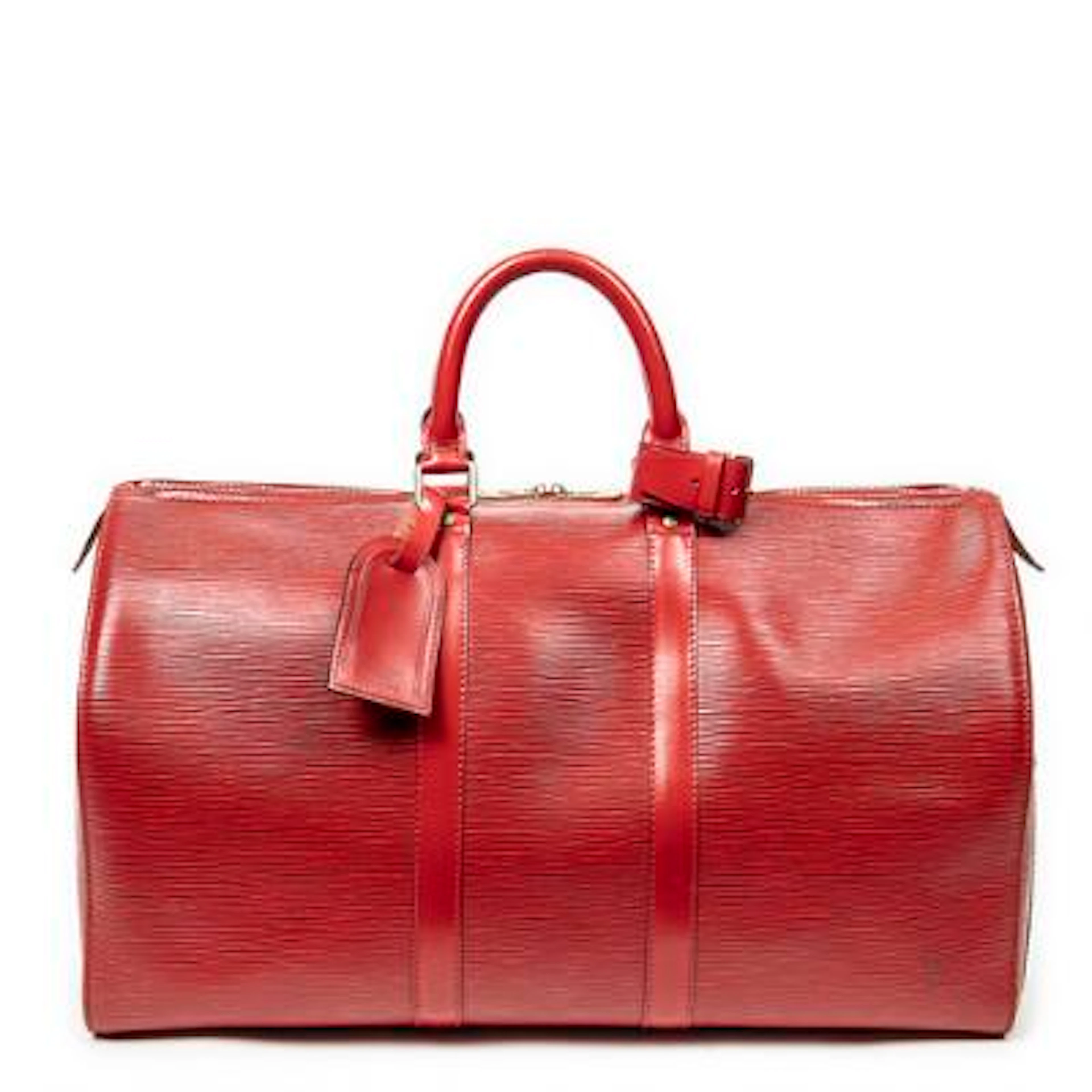 Louis Vuitton: A "Keepall 50" travel bag of red Epi leather with gold