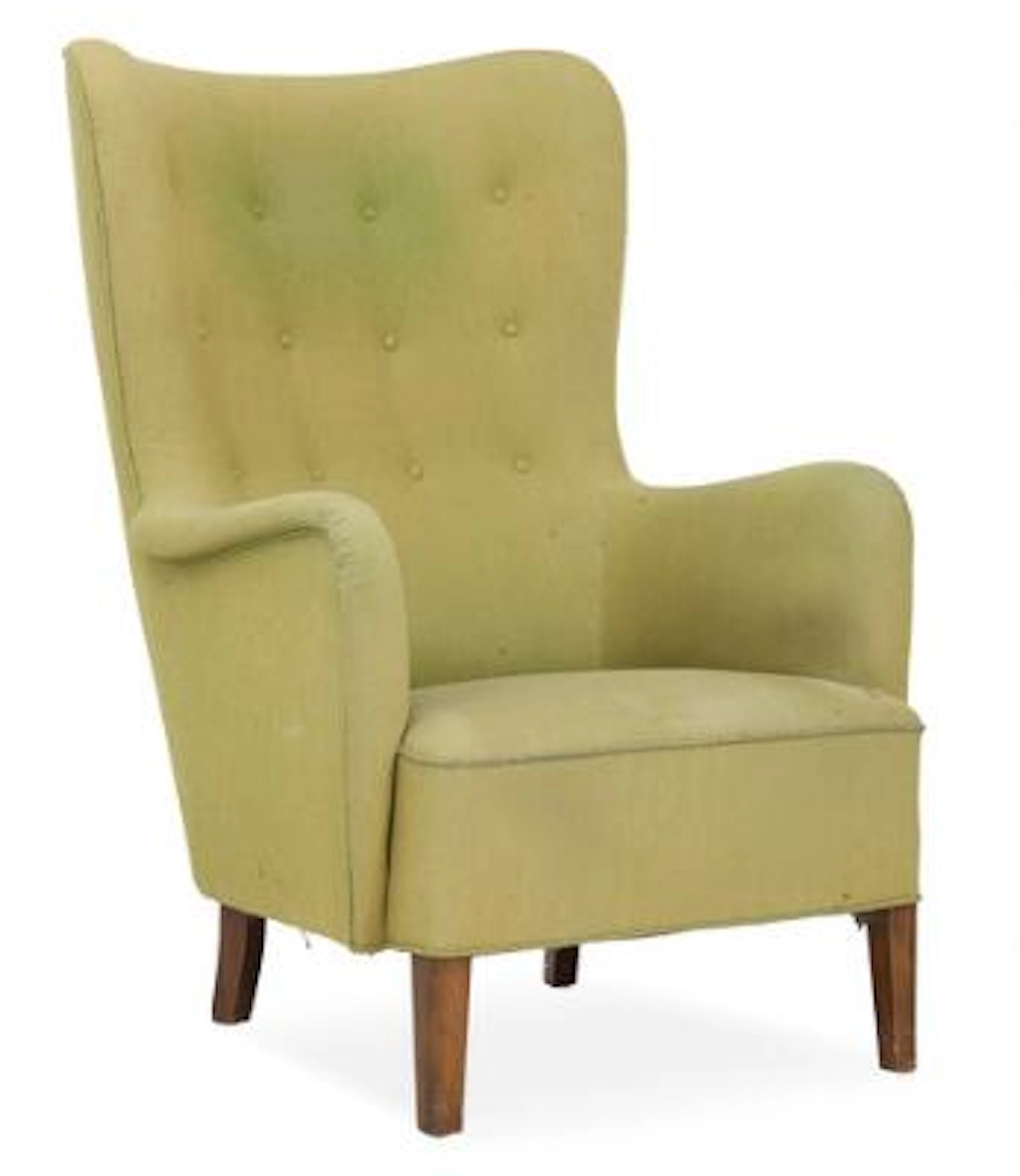 Danish cabinetmaker: High backed easy chair with stained beech legs.
