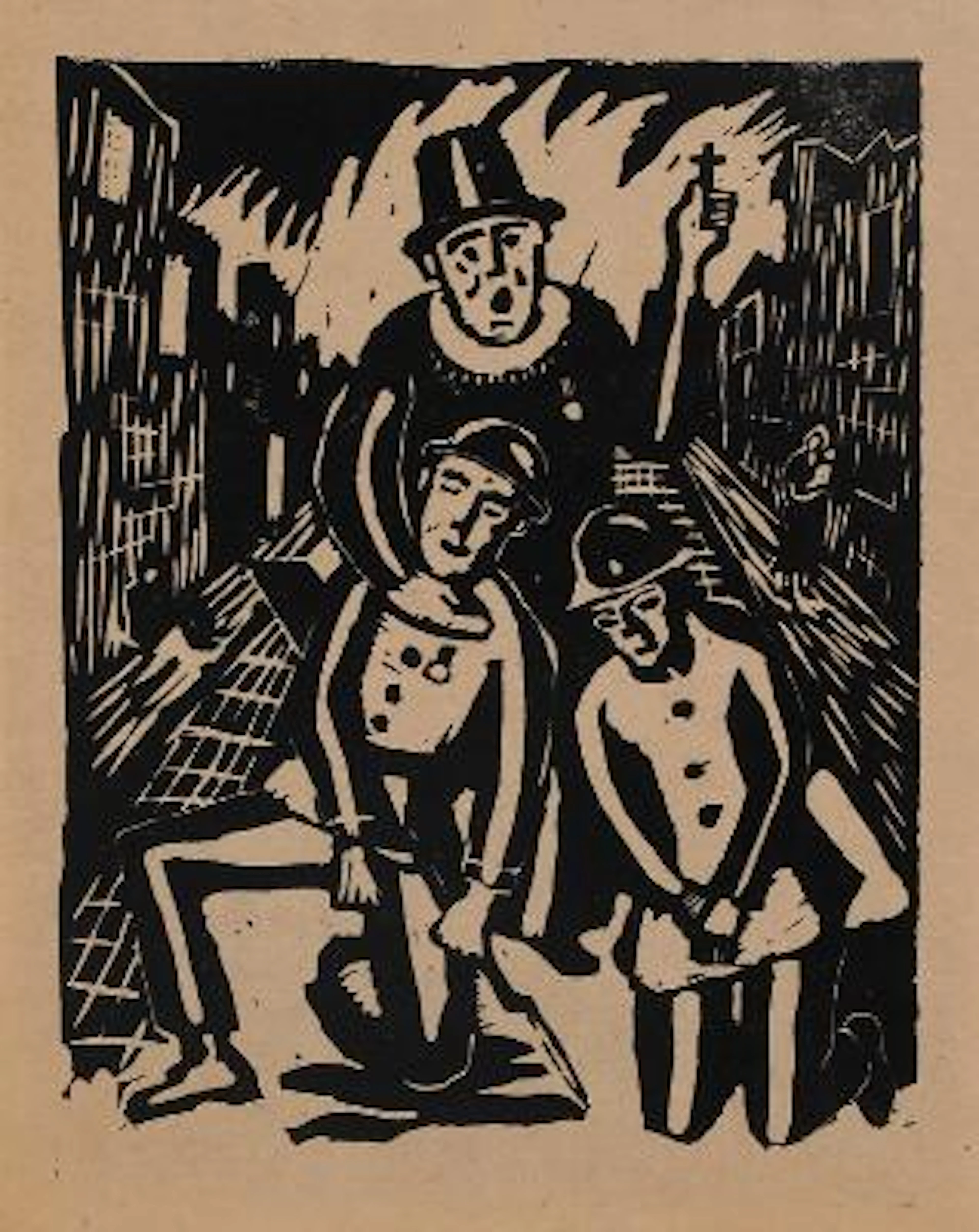Artist unknown: Priest and two soldiers. Unsigned. Wood cut on brown