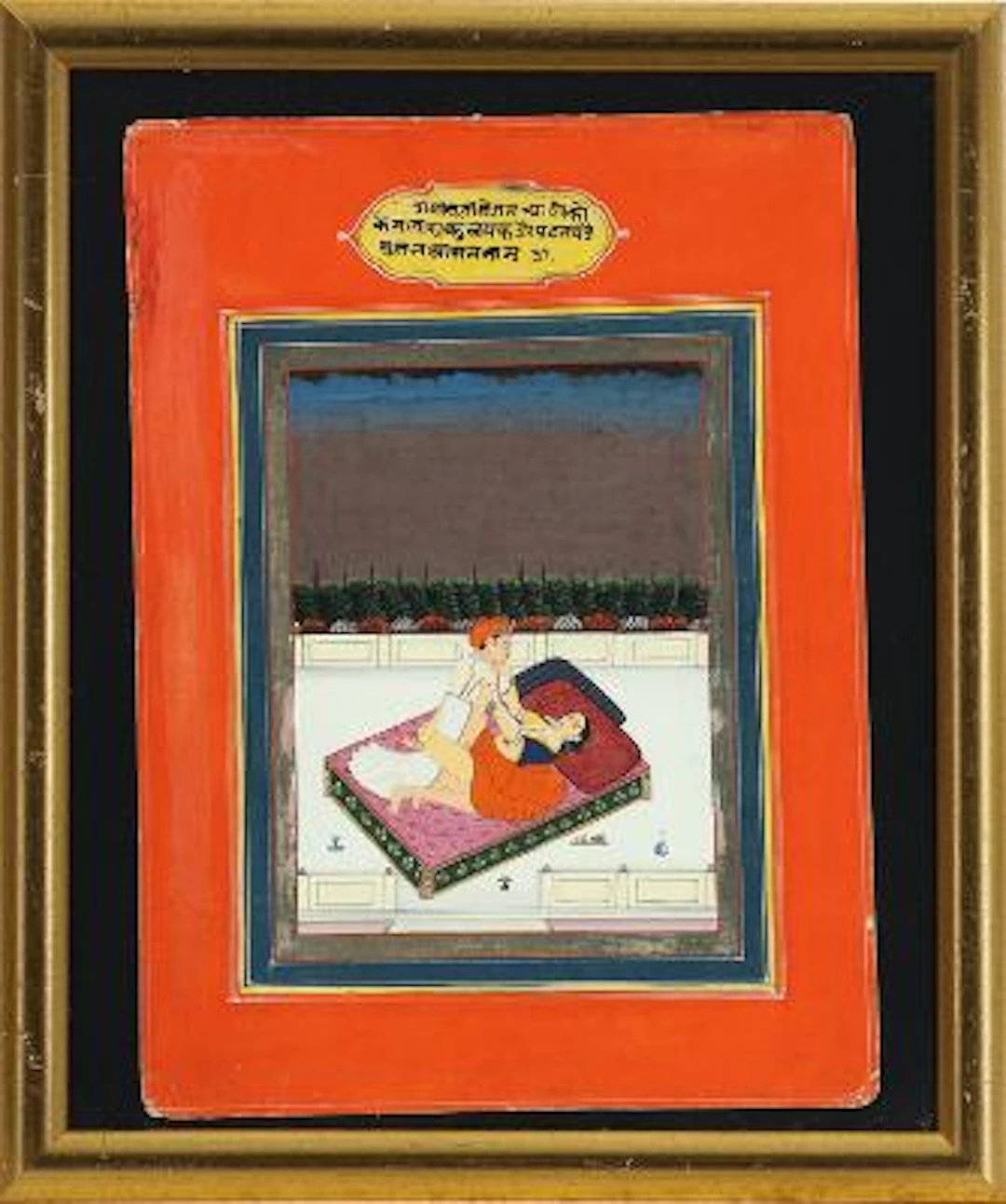 Four Indian miniature paintings with erotic compositions. Gouache