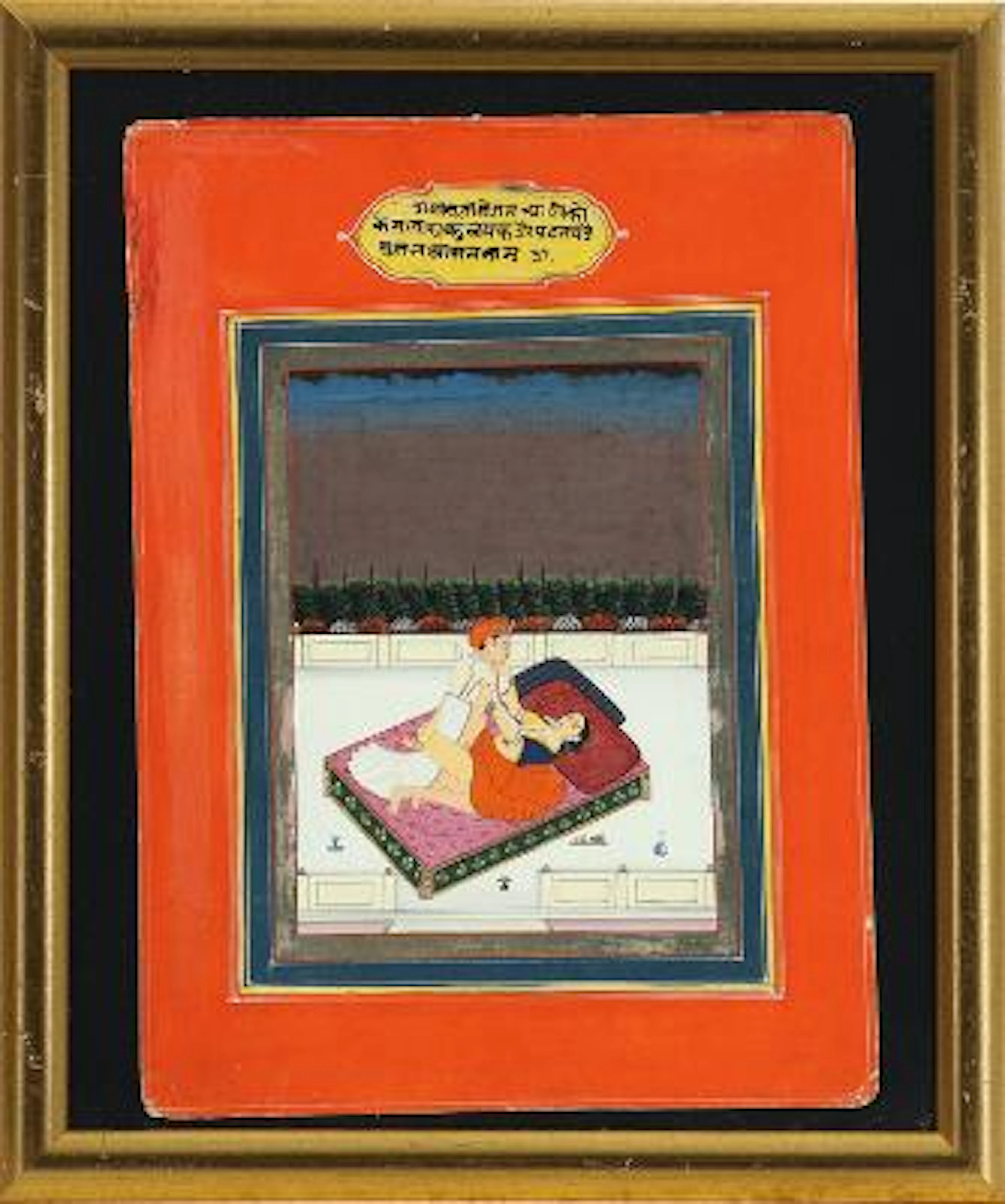 Four Indian miniature paintings with erotic compositions. Gouache